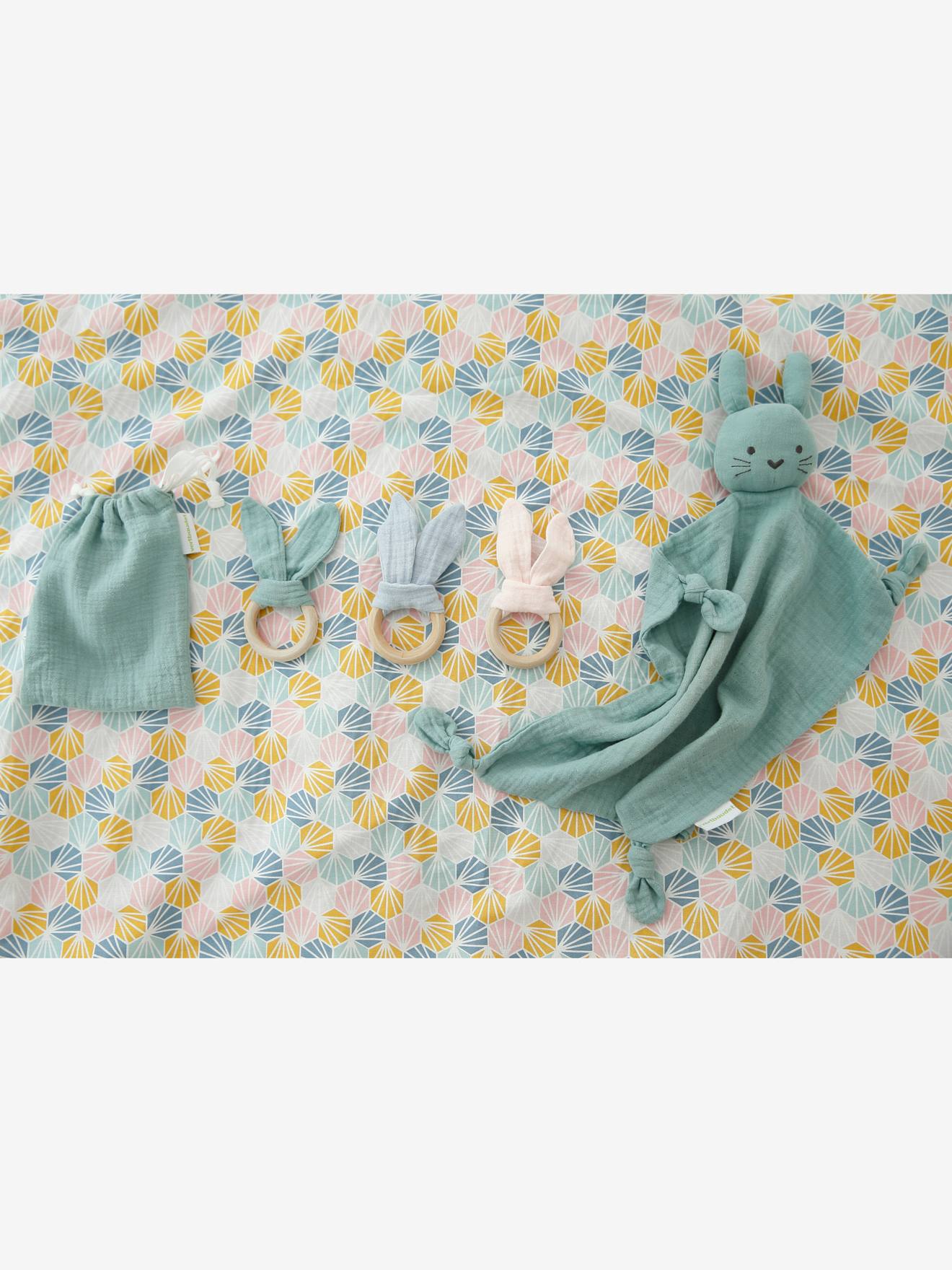 Doudou en gaze de coton + hochet rond rose