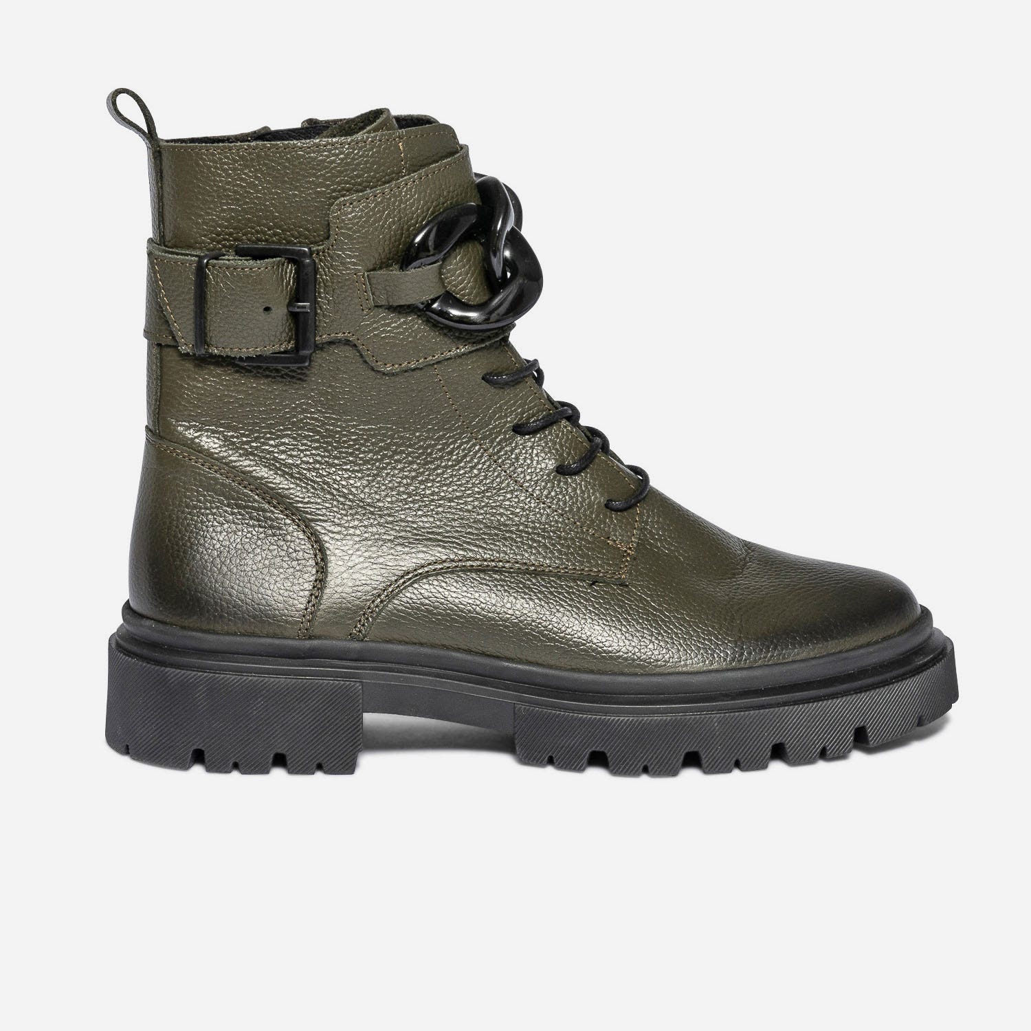 Bottine TEXTO kaki en cuir avec maxi chaîne