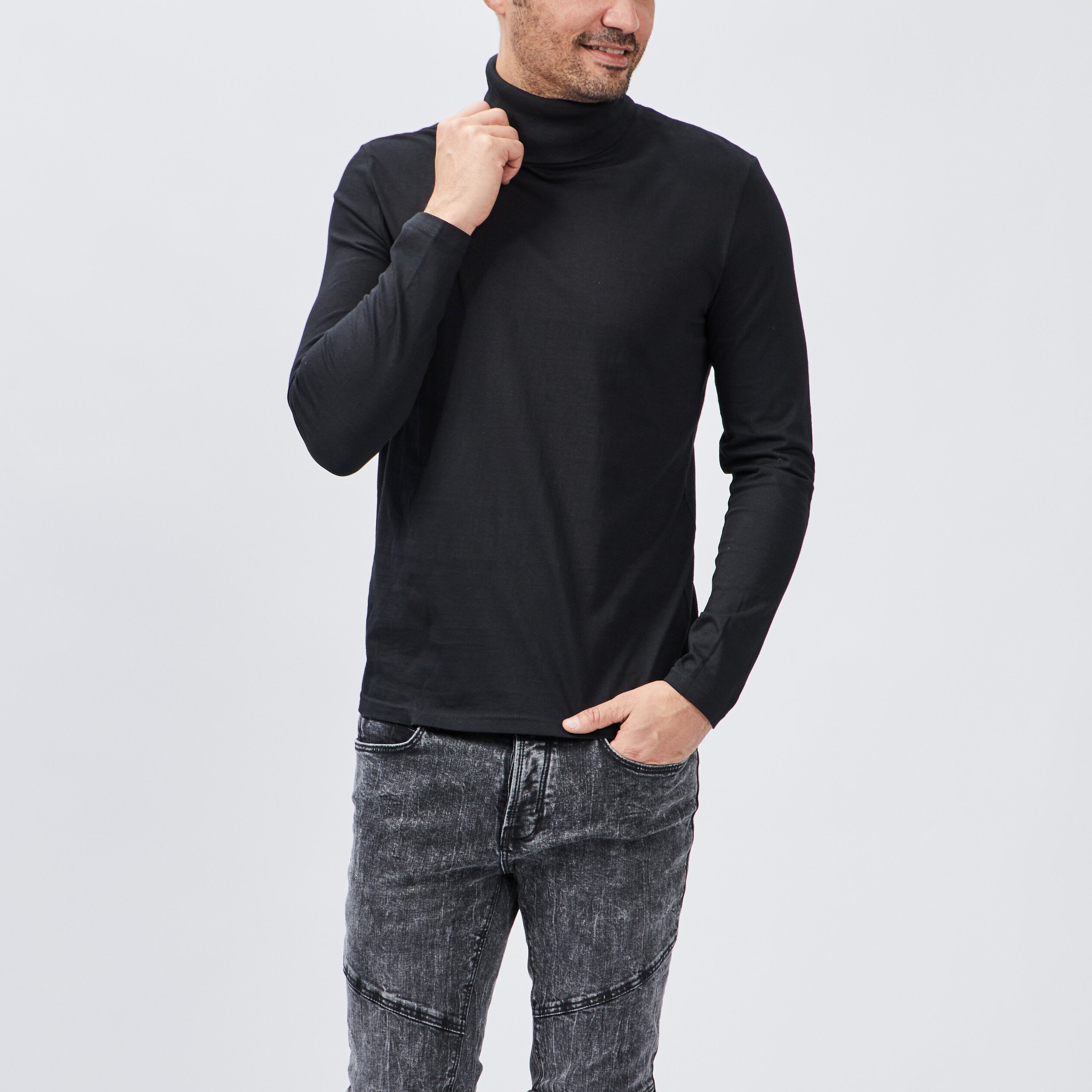 T-shirt col roulé manches longues noir homme | La Halle