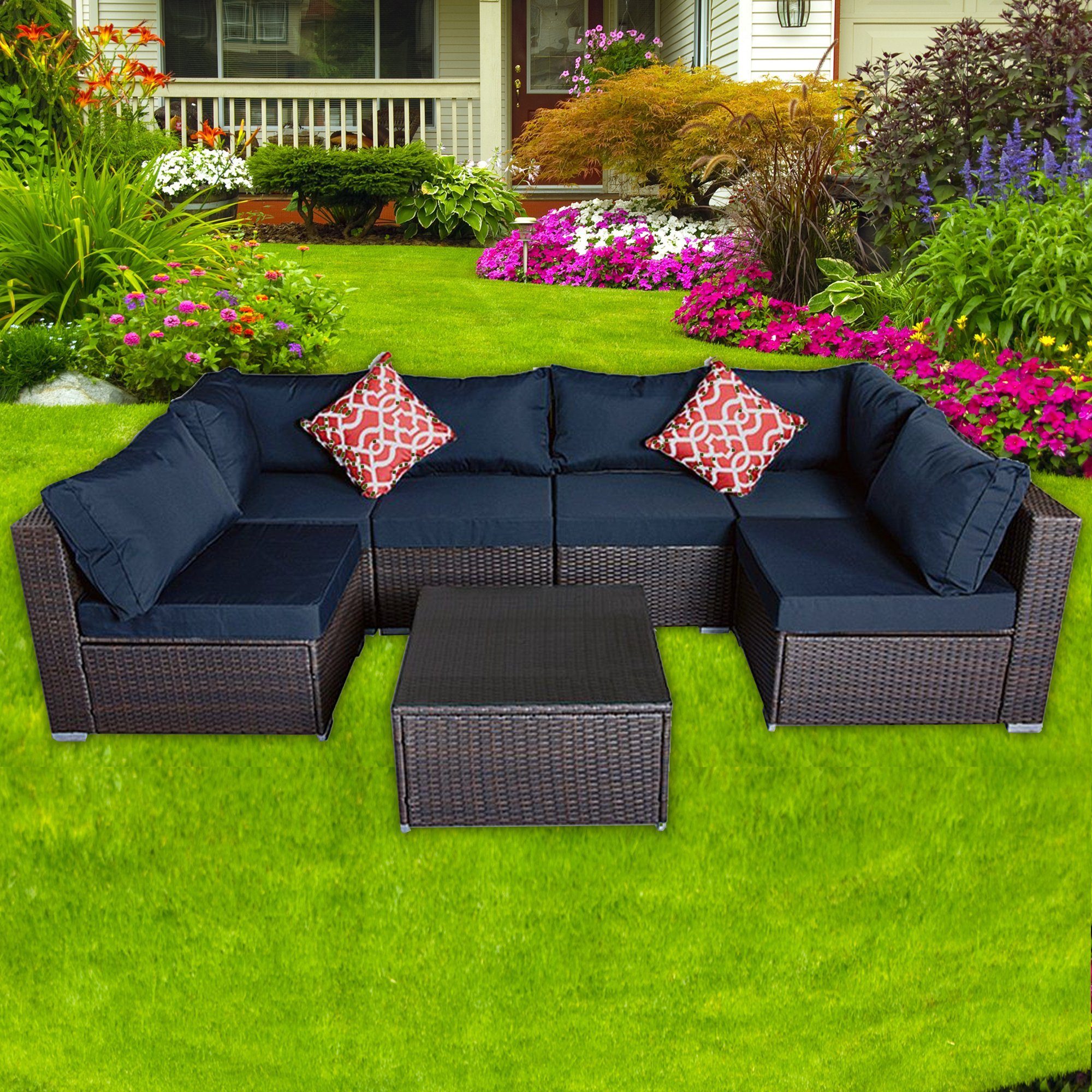 Melko Gartenlounge-Set Rattanmöbel Gartengarnitur Gartenmöbel Sitzgruppe Sofa in Braun Blau Schwarz Rot Sitzkissen Lounge Polyrattan Möbel Sitzgarnitur Garnitur Garten Set Couch Gartenset Terrassenmöbel Essgruppe XXL Marineblau, (Stück), mit bequemer