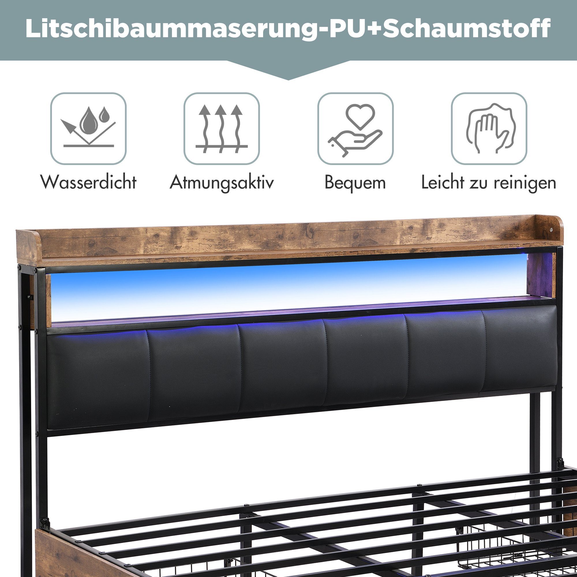 OKWISH Holzbett Polsterbett Jugendbett (160x200 cm Ohne Matratze, LED-Bett, Jugendbett, mit 4 Schubladen)