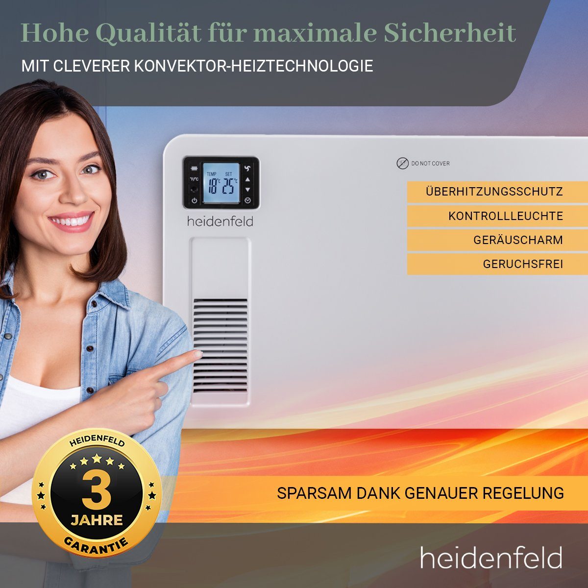 Heidenfeld Konvektor Elektro Heizung Konvektorheizung EK100 Heizgerät inkl. 3 Jahre Garatie, 2300 W, 3-Heizstufen - Fernbedienung - Timer - Heizlüfter - Heizkörper