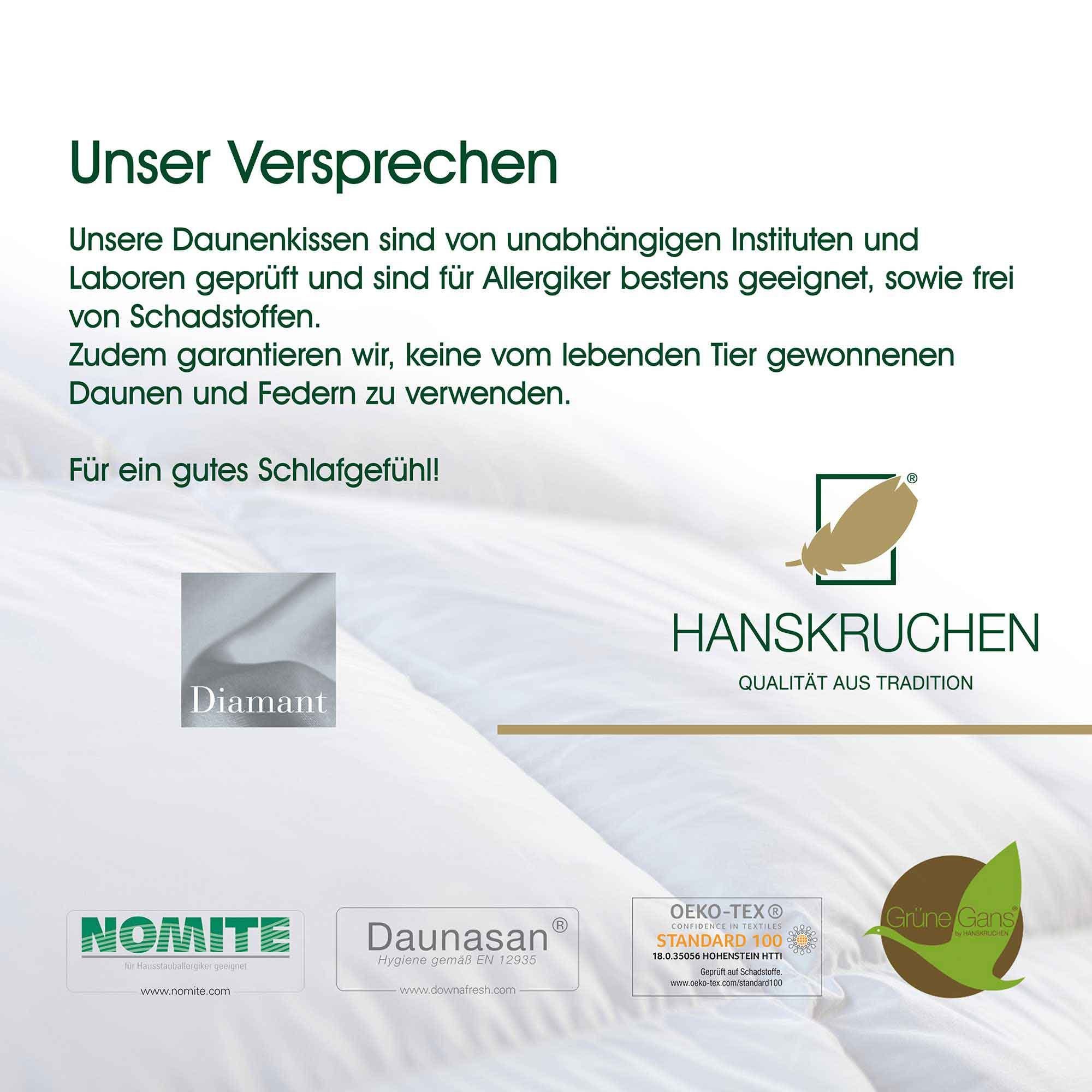 Daunenkissen Diamant, HANSKRUCHEN, Füllung: 50% Daunen, 50% Federn, Bezug: 100% Baumwolle, Soft 80x80 cm, hergestellt in Deutschland, allergikerfreundlich