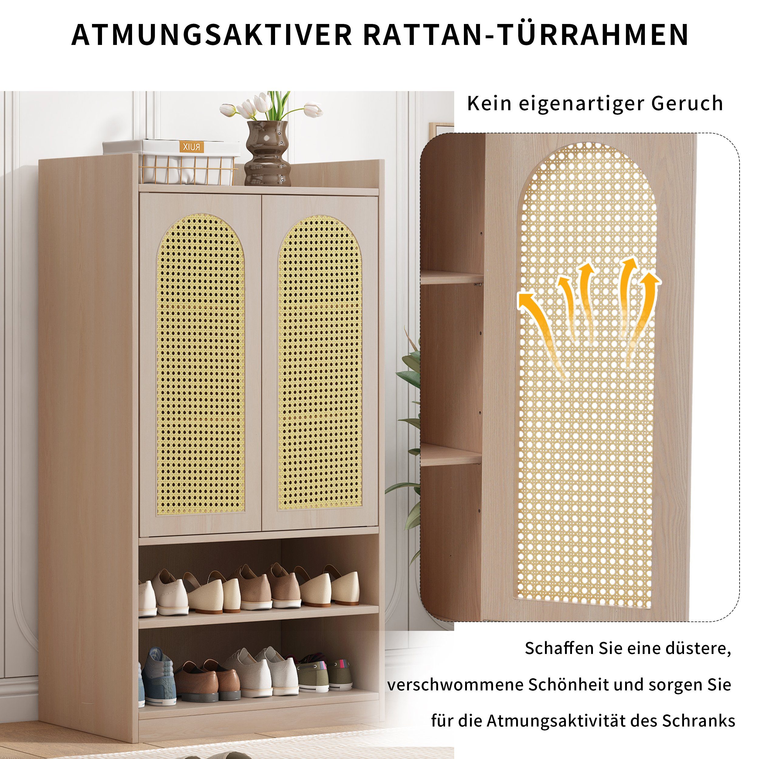 Merax Highboard mit Polyrattan-Tür, mit verstellbaren Einlegeböden, Schuhschrank Landhausstil