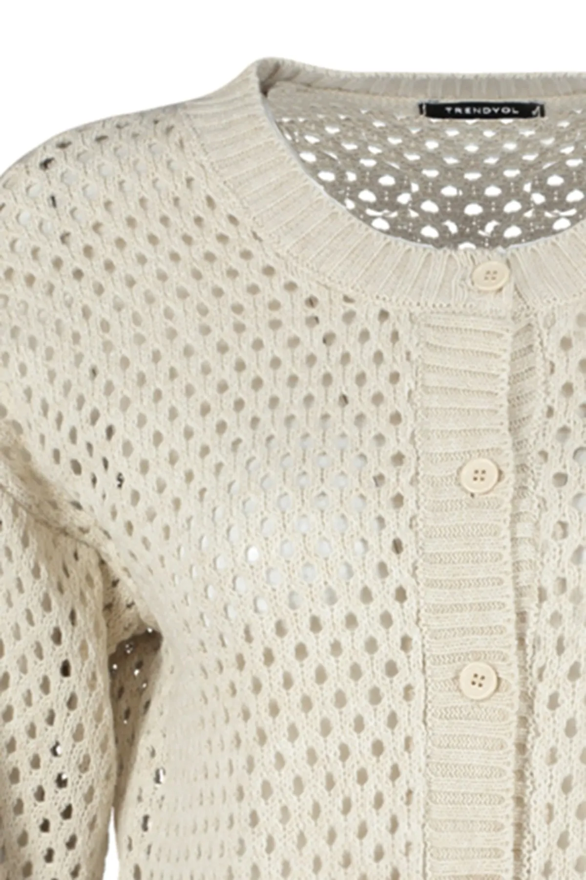 Trendyol Collection  Steinfarbene, durchbrochene/durchbrochene Strickjacke mit Rundhalsausschnitt TWOAW24HI00234