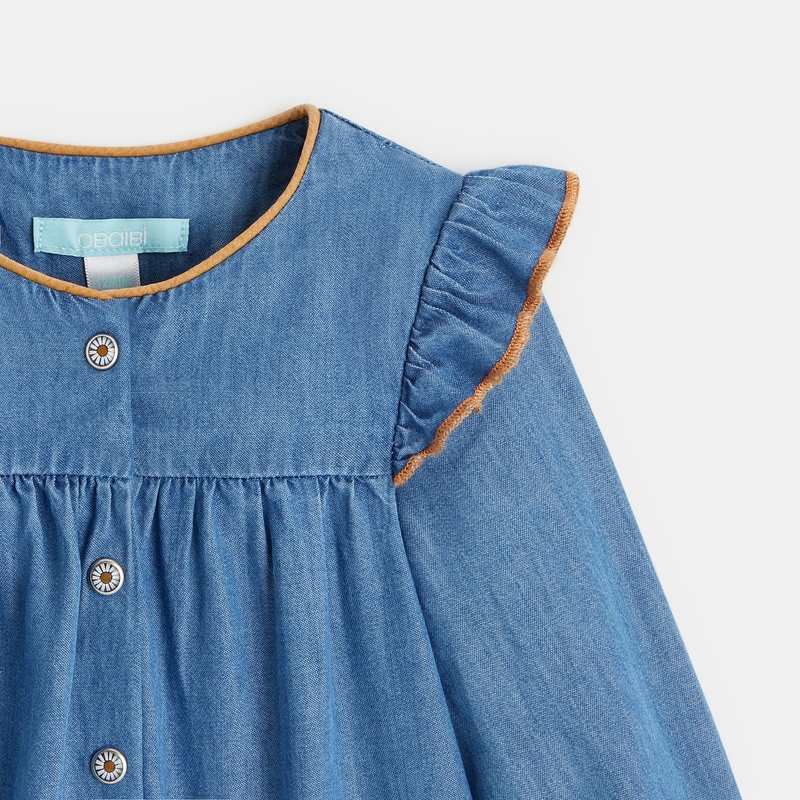 Blouse denim à volants bleue bébé fille