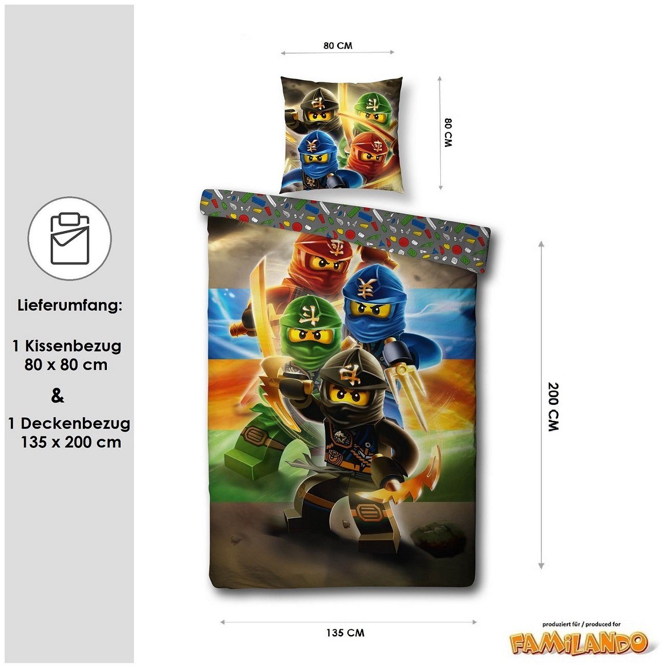 Kinderbettwäsche Lego Ninjago 135x200 + 80x80cm mit Reißverschluss aus 100% Baumwolle, Familando, Renforcé, 2 teilig, Motiv 