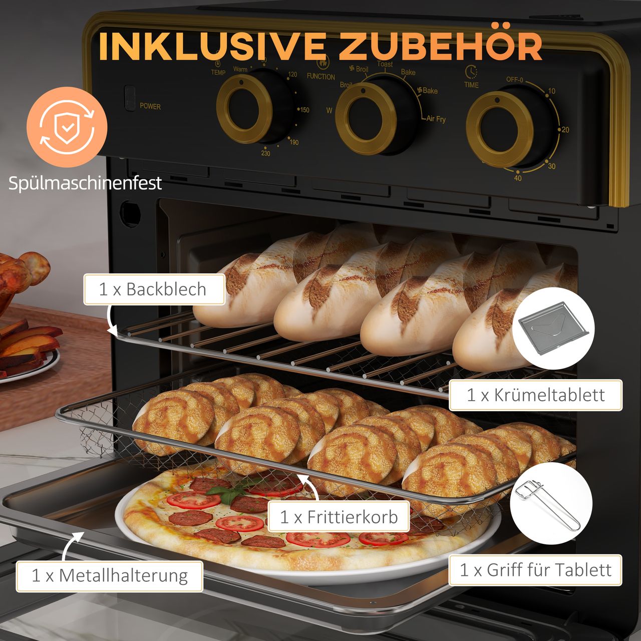 HOMCOM Minibackofen 20L, Pizza-Ofen mit Umluft, Heißluftofen mit Backblech