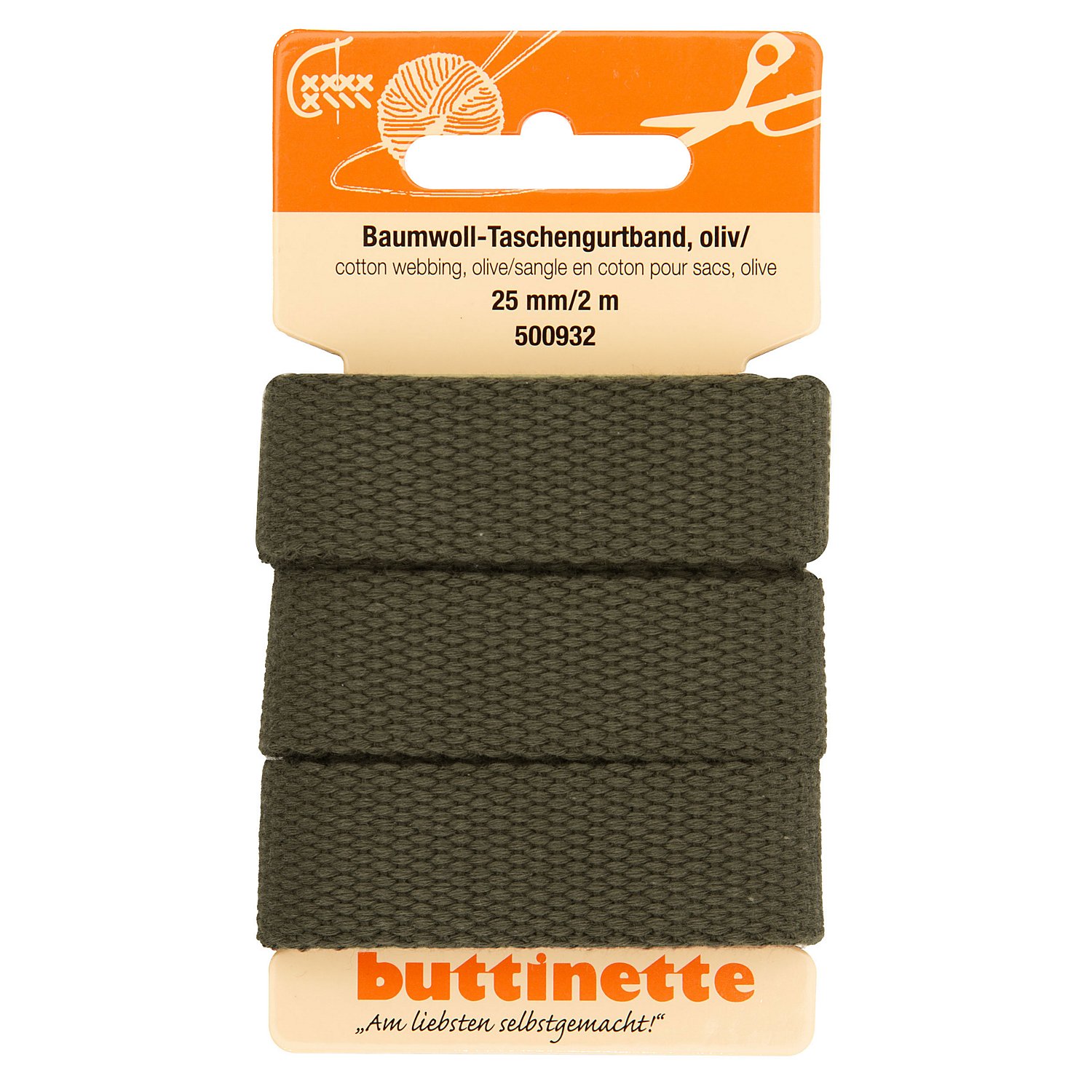 buttinette Baumwoll-Taschengurtband, oliv, Breite: 2,5 cm, Länge: 2 m