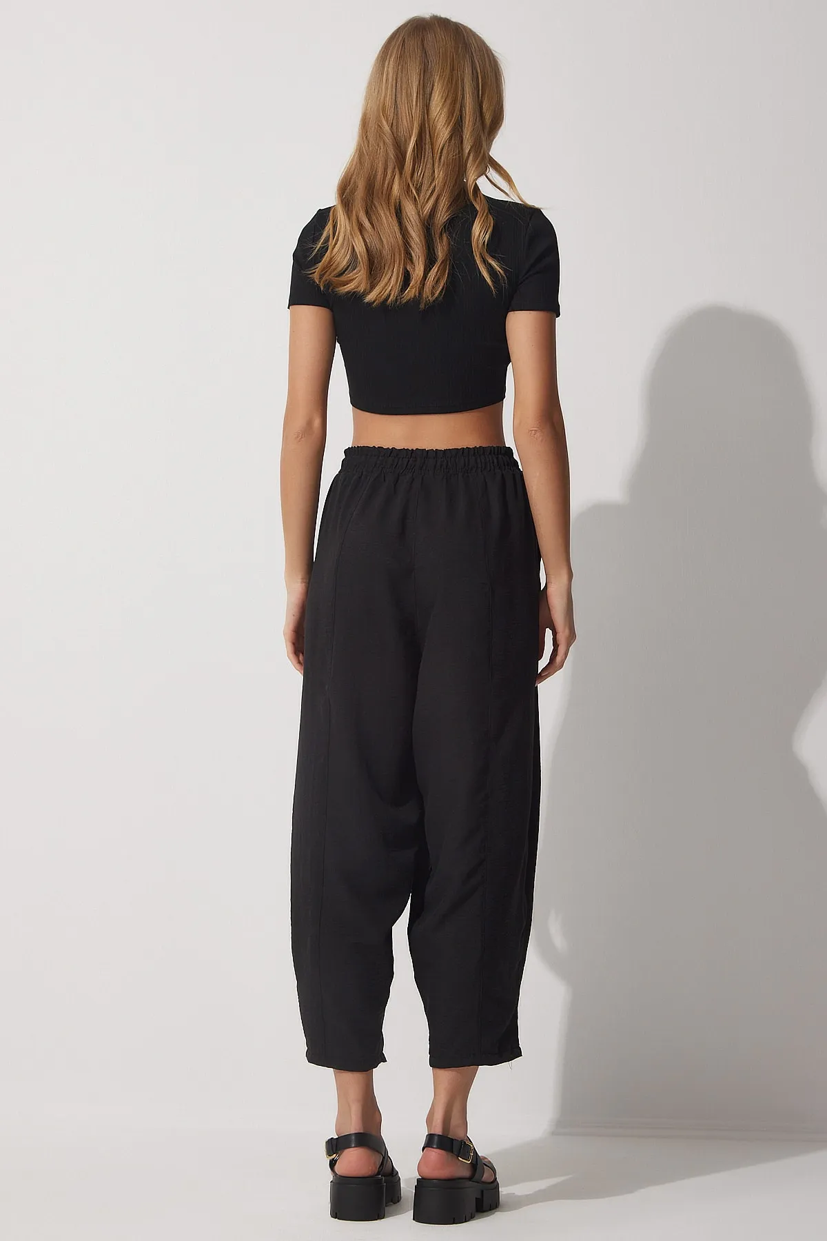 Happiness İstanbul  Leuchtende schwarze Shalwar-Hose aus Leinenviskose mit Taschen für Damen CV00001