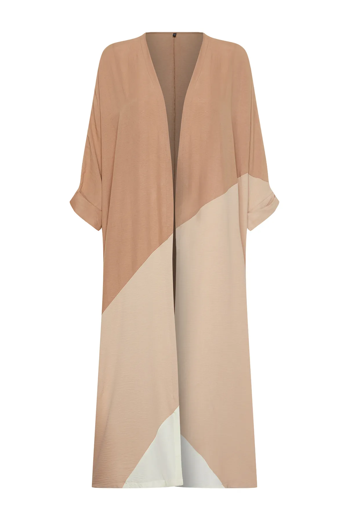 Trendyol Modest  Kamelfarbene, lange gewebte Kappe mit Gürtel und Farbblockdesign & Ferace TCTSS24KF00002
