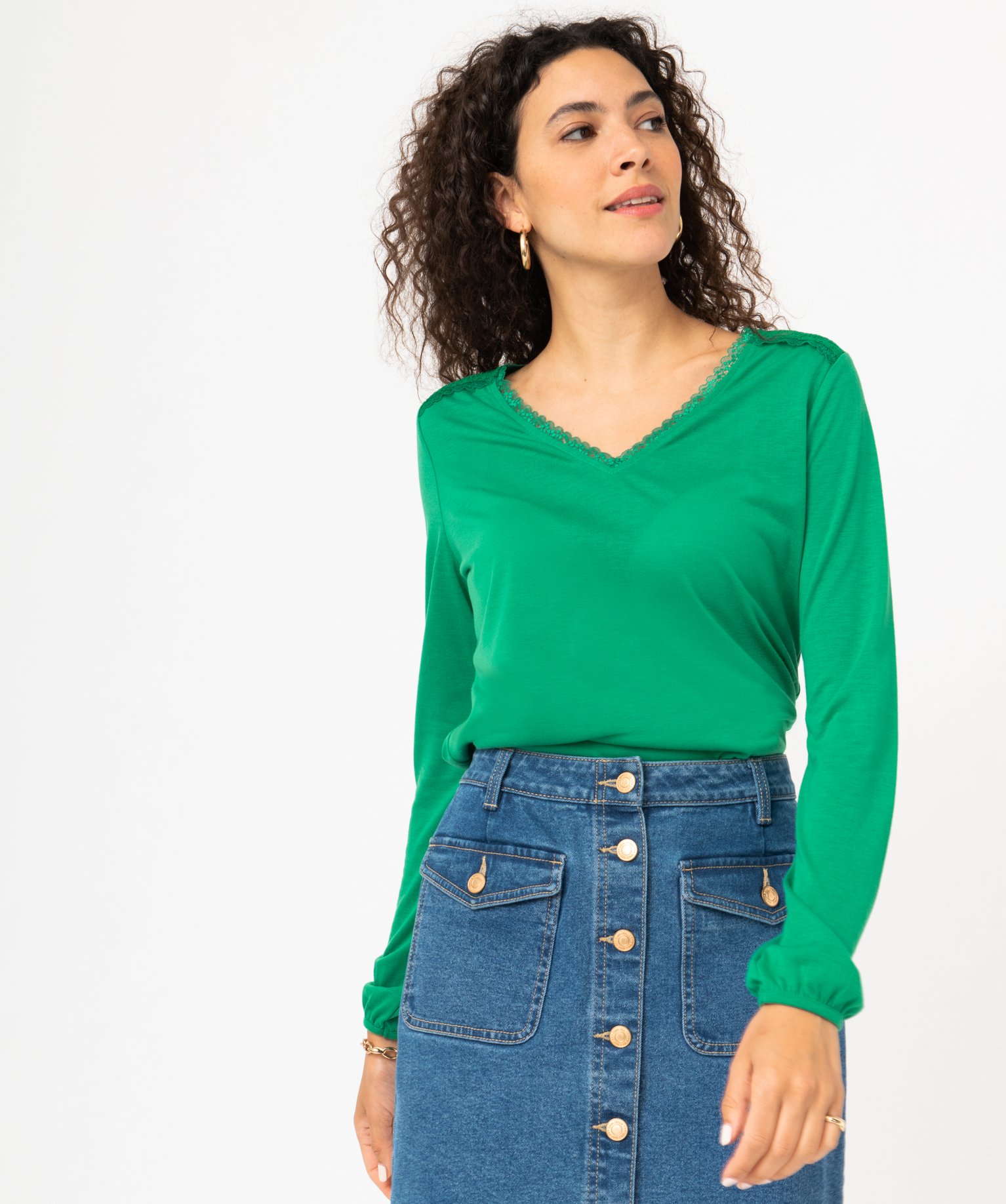 Tee-shirt à manches longues avec détails dentelle femme vert | GEMO