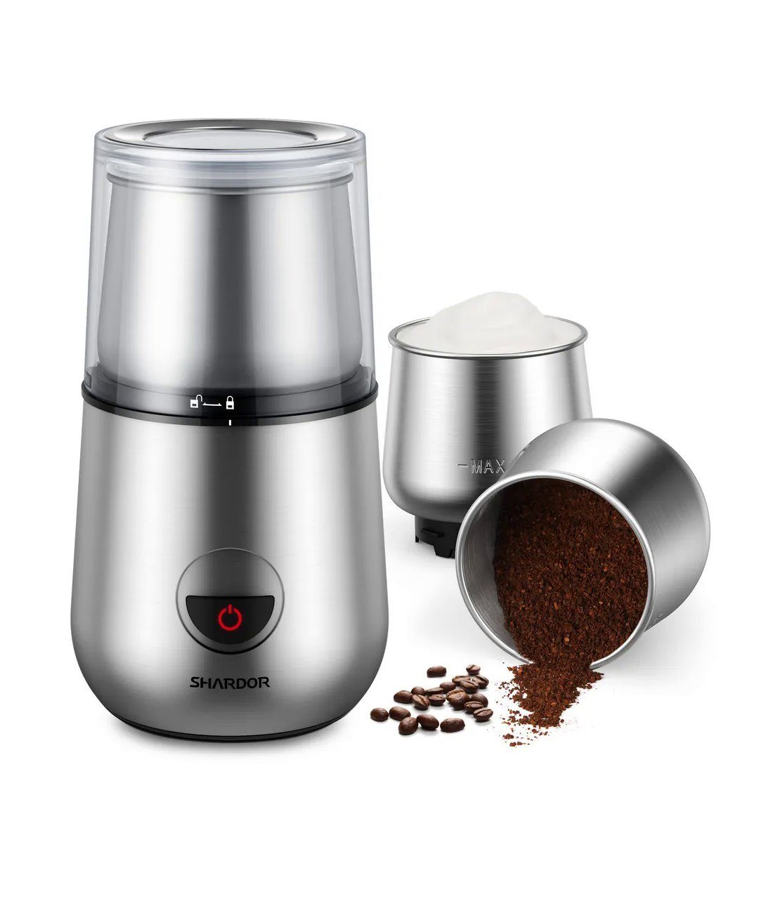 Shardor Kaffeemühle Elektrische Kaffeemühle, 150 W, Milchaufschäumer, Mahlen von Kaffeebohnen o.ä., Stainless Steel