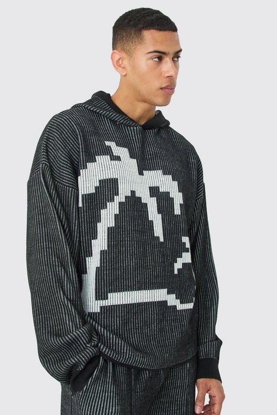 Kastiger gerippter Oversize Hoodie mit Palmen-Print