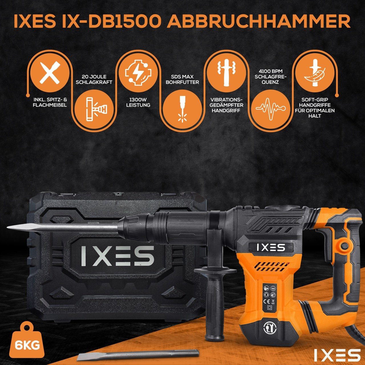 Scheppach Abbruchhammer IXES Abbruchhammer DB1500 20 Joule SDS-MAX Stemmhammer Meißelhammer, 1300 in W, für SDS-MAX