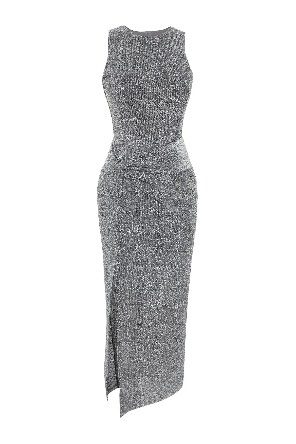 Trendyol Collection  Silbernes, figurbetontes, gestricktes, glänzendes, paillettenbesetztes, elegantes Abendkleid TPRSS24EL00030