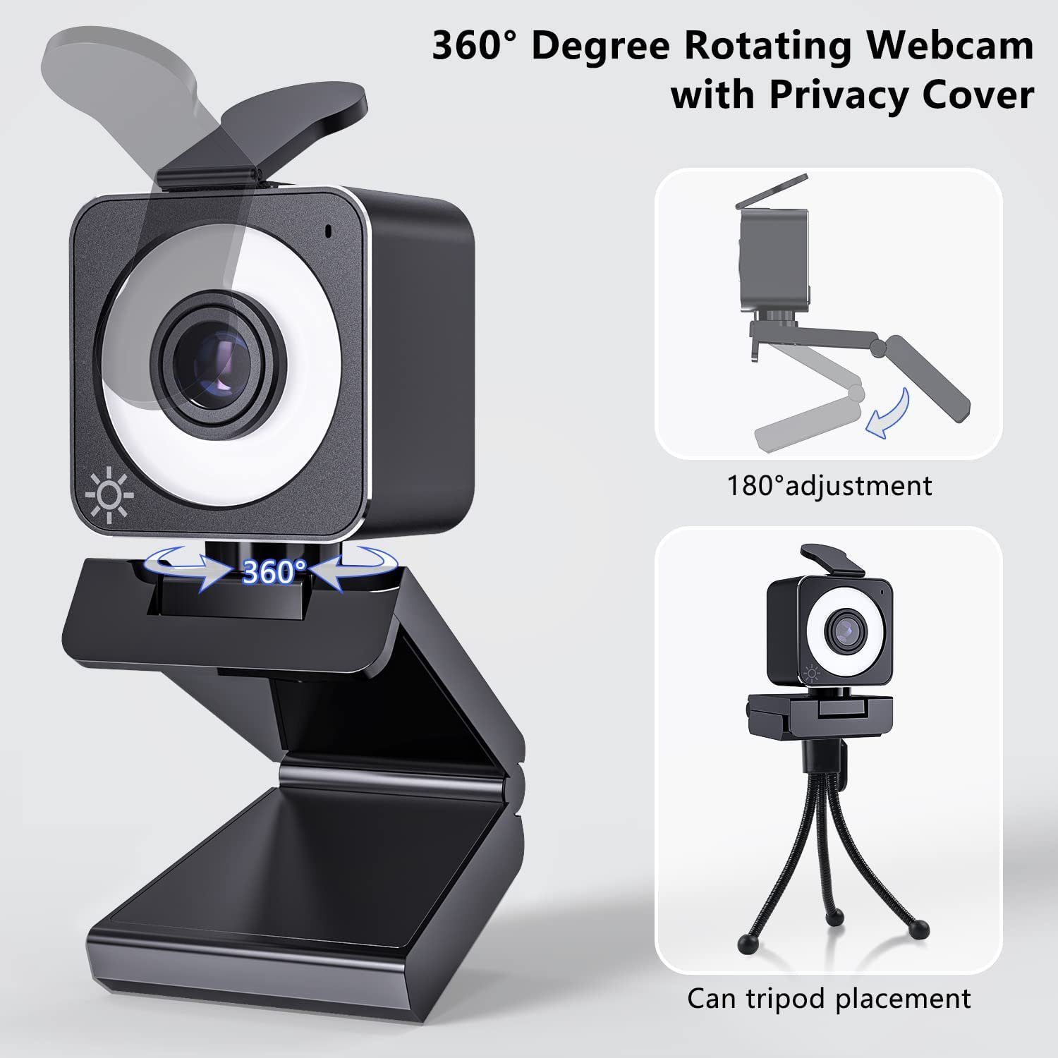 Diyarts Webcam (Full HD, PC Kamera und Laptop Video Konferenzen Online-Unterricht und Streaming, Mikrofon & Ringlicht, 90° USB Kamera mit automatische Lichtkorrektur)