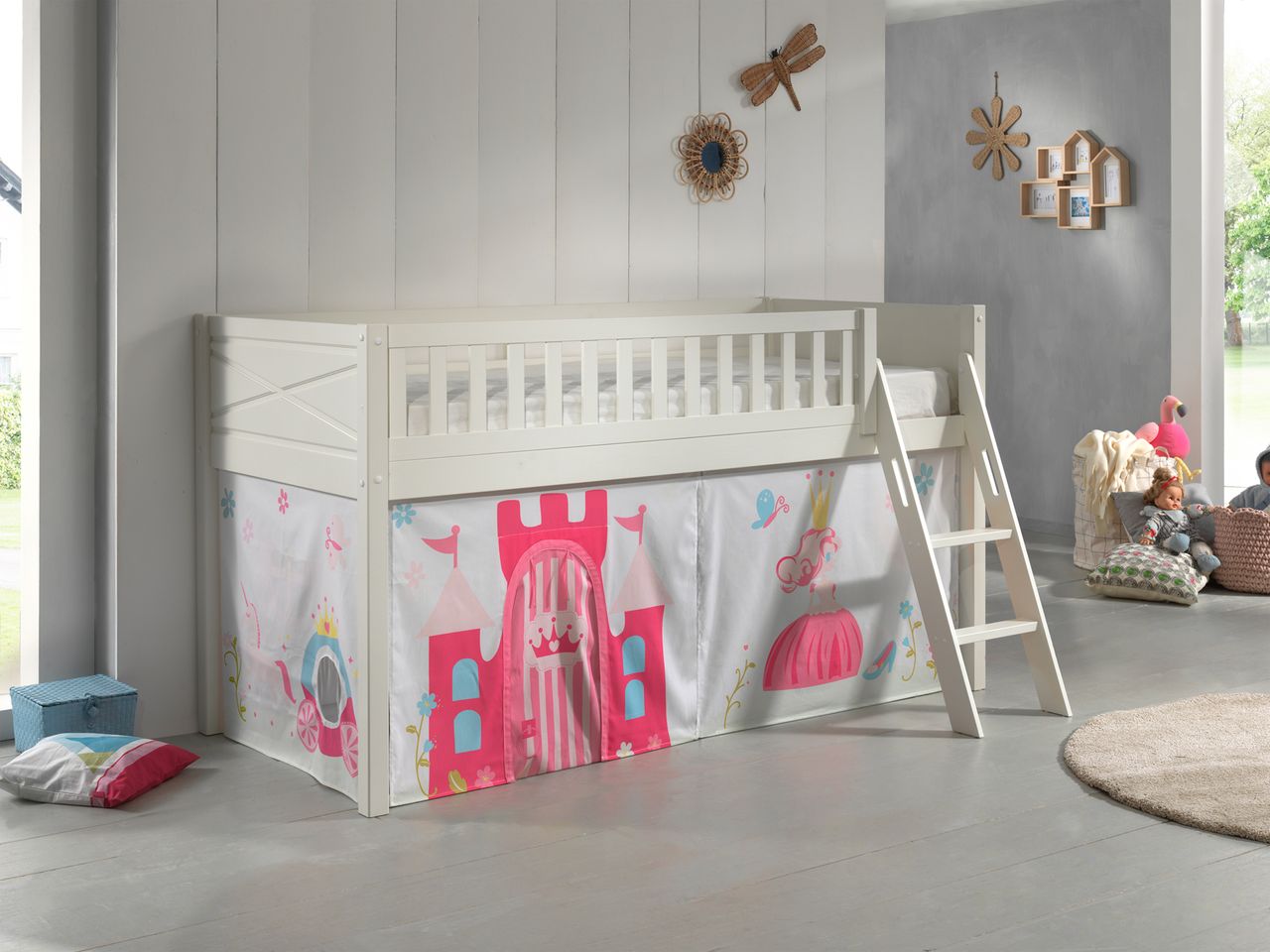 VIPACK Spielbett SCOTT, LF 90 x 200 cm, mit Rolllattenrost, Leiter und Textilset Vorhang 