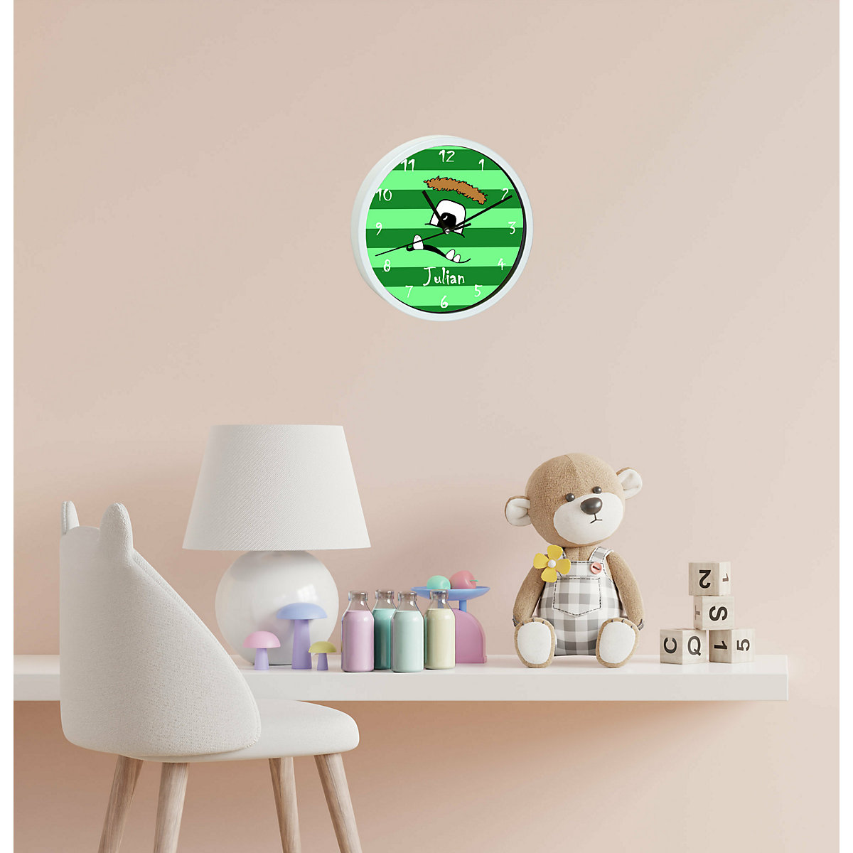 Kinder Wanduhr personalisiert mit Name Monster Streifen grün