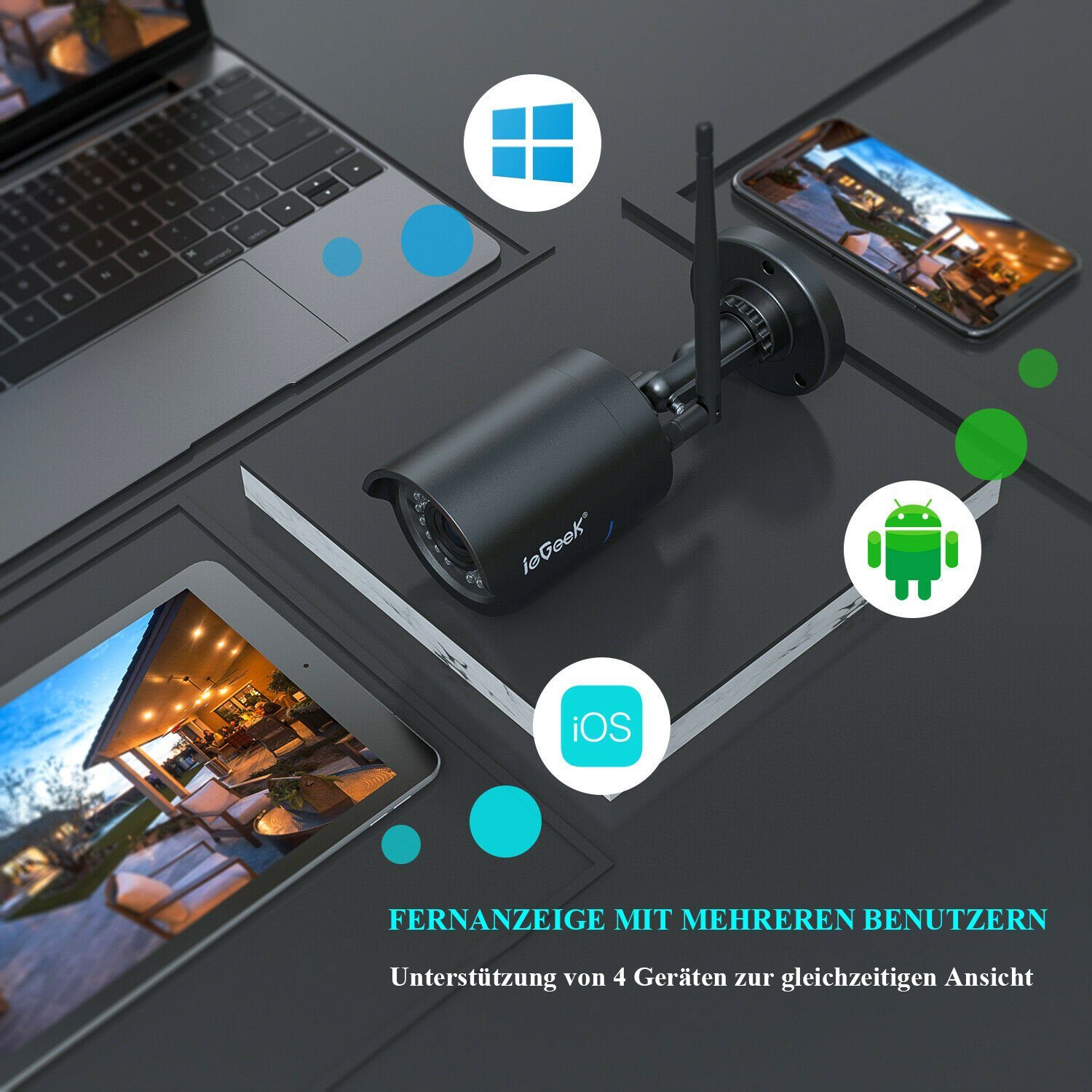 ieGeek 1080P FHD Überwachungskamera Aussen WLAN IP Kamera 25M Nachtsicht IP66 Überwachungskamera (AuBenbereich, Outdoor, 2,4 GHz Wifi,SD Storage, 7/24 Schleifenaufzeichnung,Wired CCTV, Bewegungserkennung, Plug & Play, Support PC/App, Sirene und APP-A