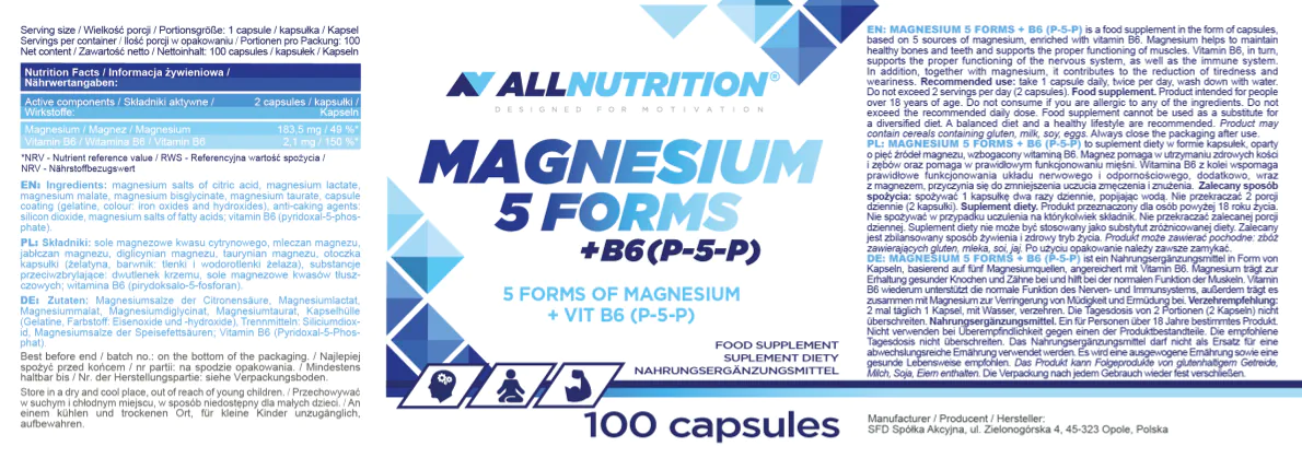 Allnutrition Magnezij 5 oblika + B6 (P-5-P), kapsule