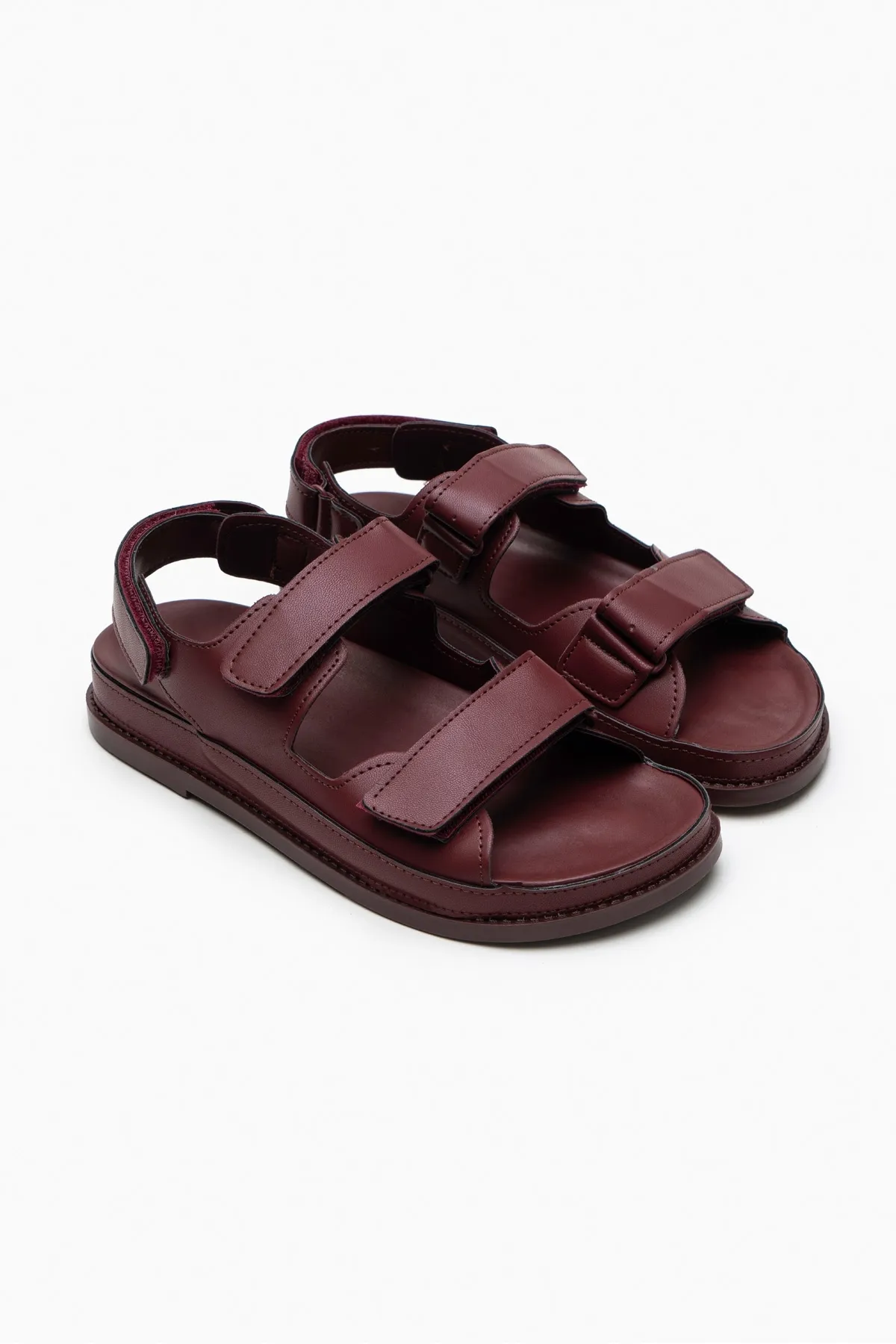 NİŞANTAŞI SHOES  Julia Burgunderrote, matte Damensandale mit flacher Sohle und Klettverschluss