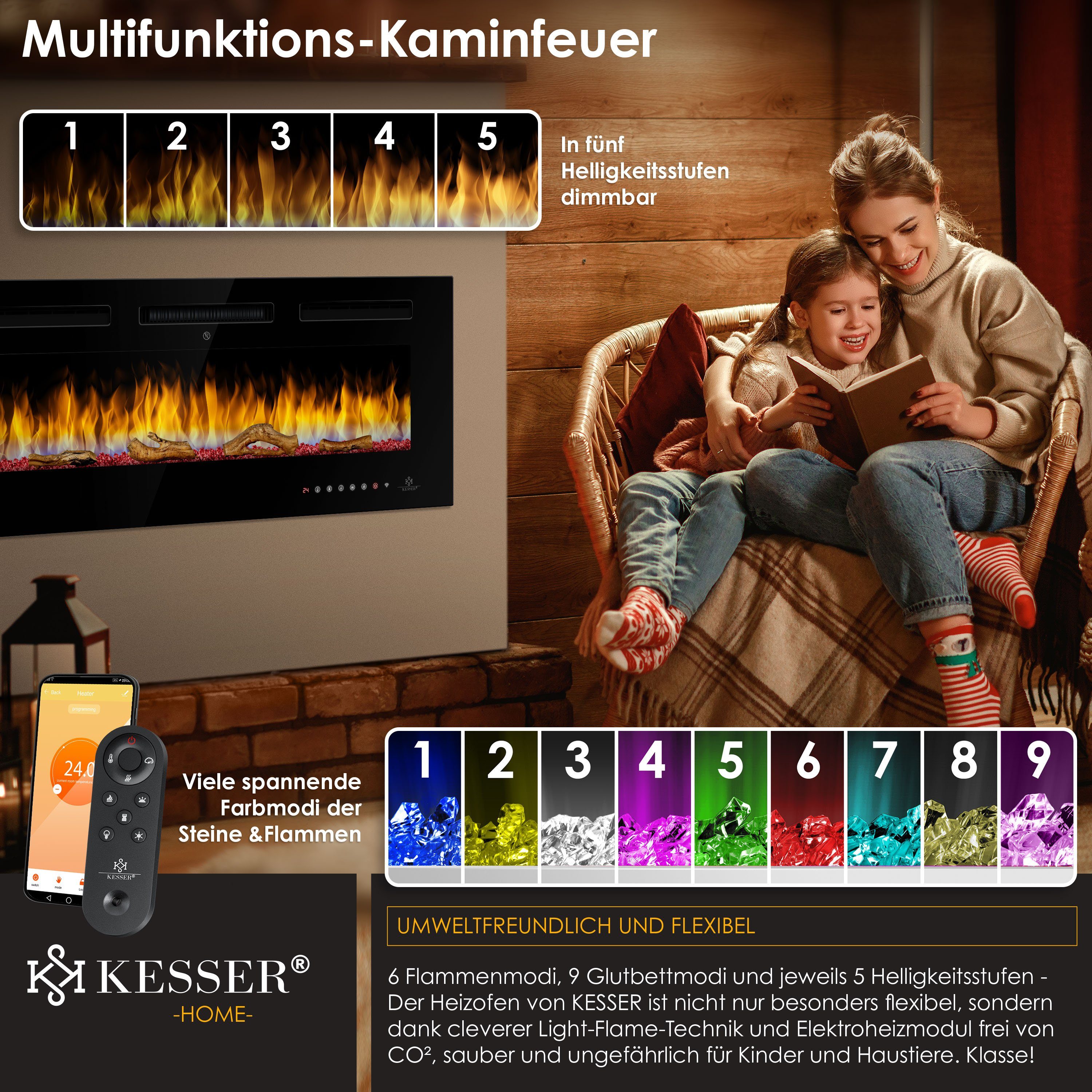 KESSER Elektrokamin, Elektrokamin Wandkamin Elektrischer Kamin mit Heizung