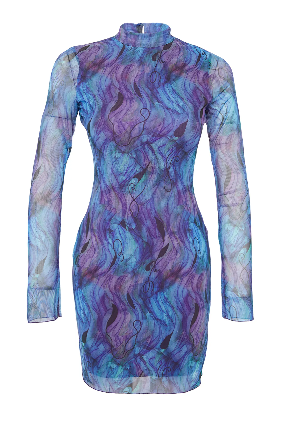 Trendyol Collection  Lilafarbenes Mini-Strickkleid mit hohem Kragen, bedruckten Rüschen und Tüllfutter TWOAW24EL00195