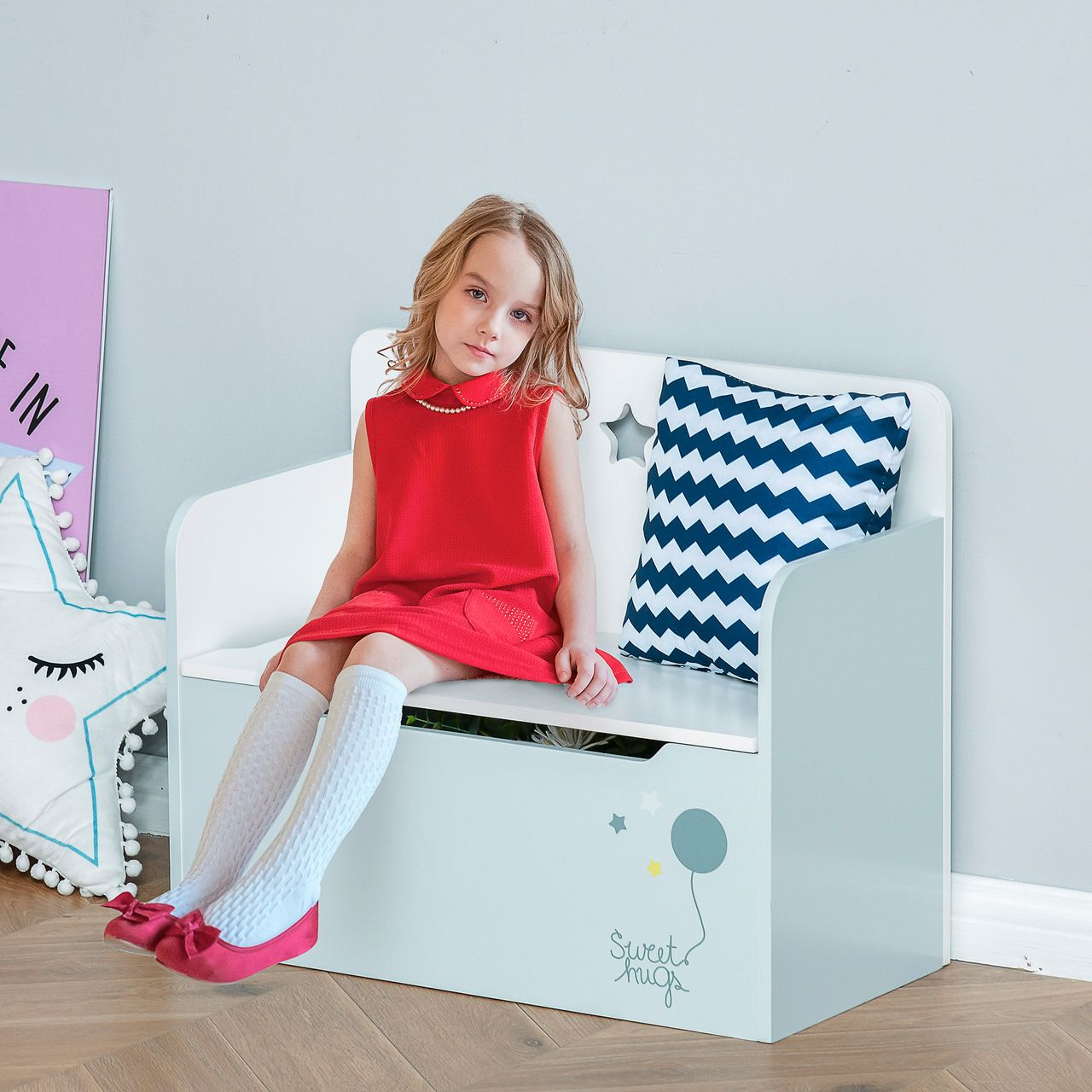 HOMCOM Kindersitzbank mit Stauraum 2-in-1 Truhenbank Spielzeugkiste Aufbewahrungstruhe 3-8 Jahre Kindermöbel Hellblau 60 x 30 x 50 cm