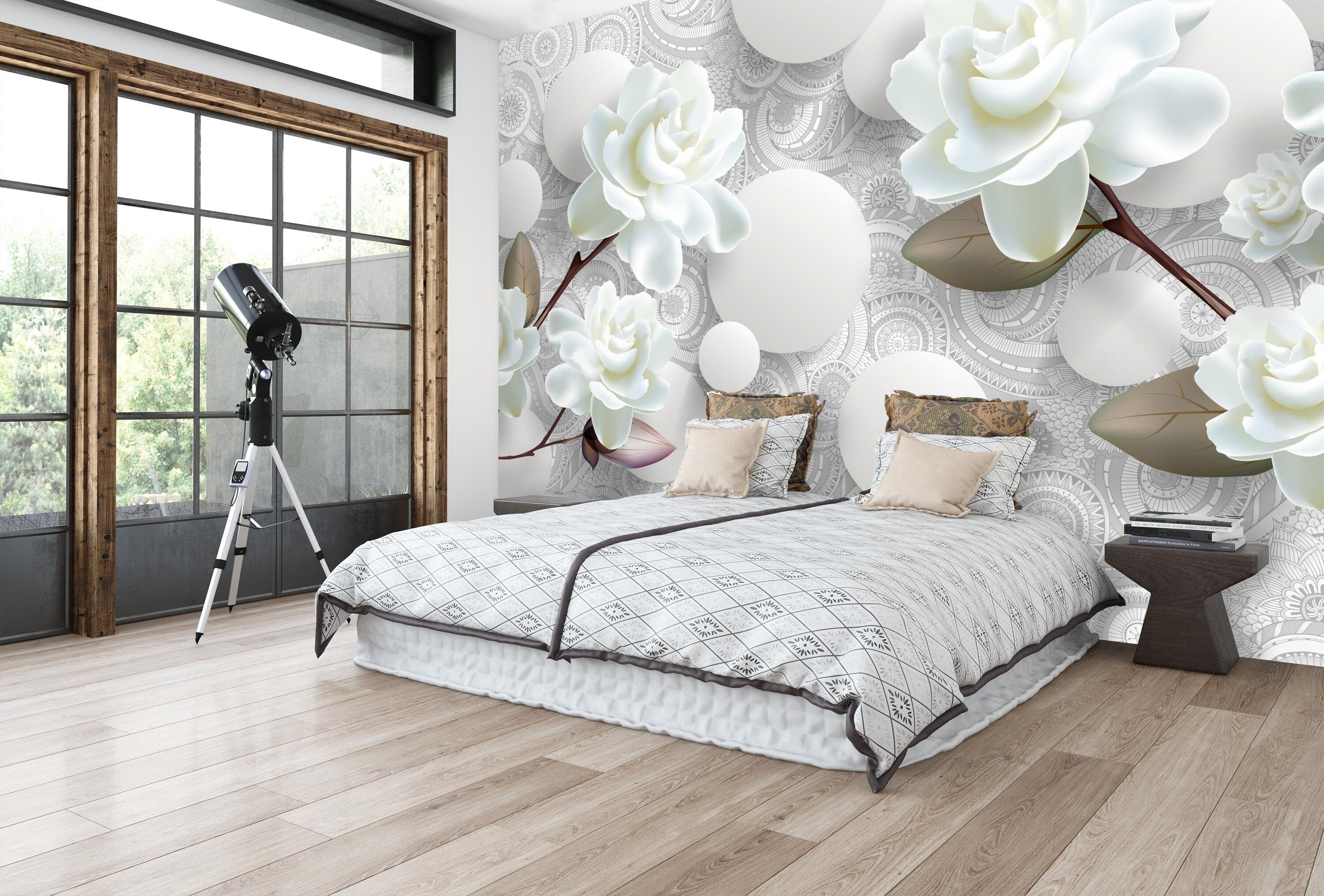 wandmotiv24 Fototapete Blumen 3D Optik Kreise weiß, glatt, Wandtapete, Motivtapete, matt, Vliestapete