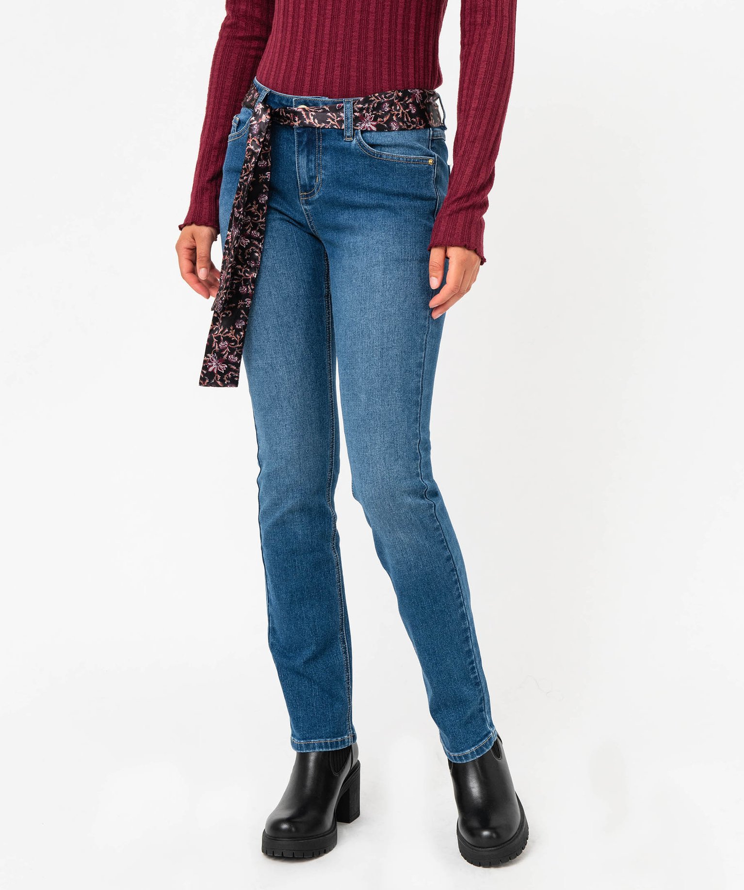 Jean Regular stretch avec ceinture foulard femme stone | GEMO