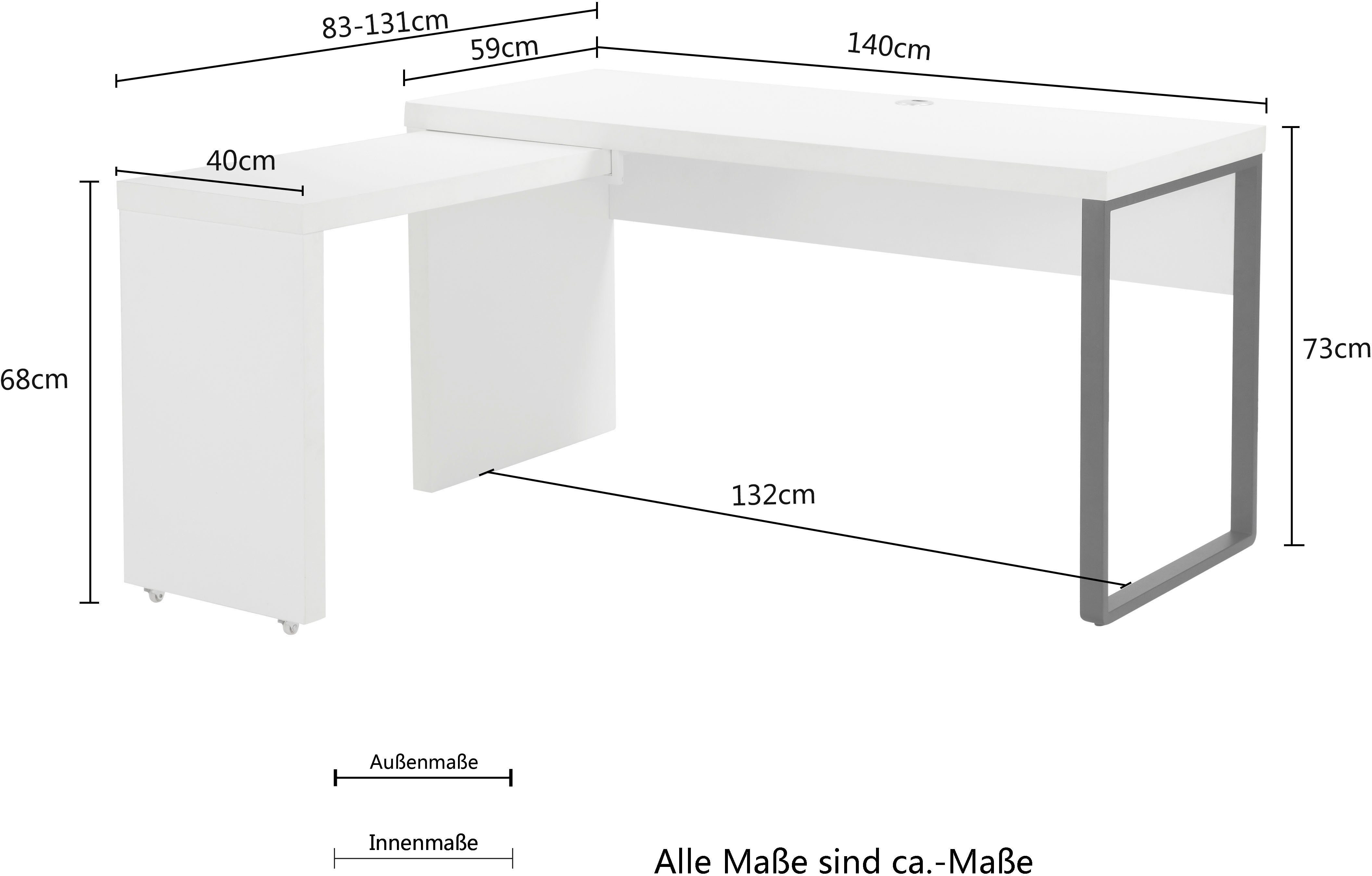 Places of Style Schreibtisch Maniago, mit rollbarem Element für mehr Arbeitsfläche, 140x81-131 cm