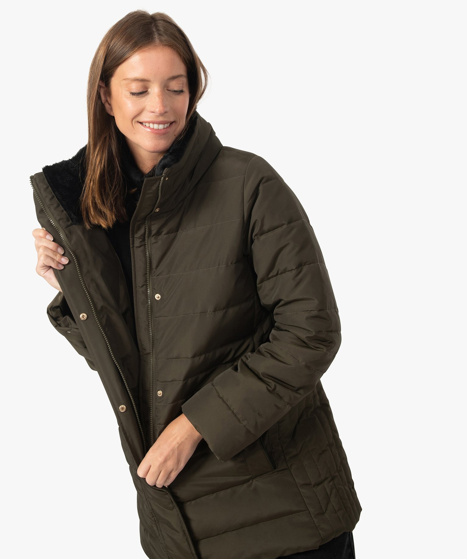 Blouson femme long matelassé avec col chaud | GEMO