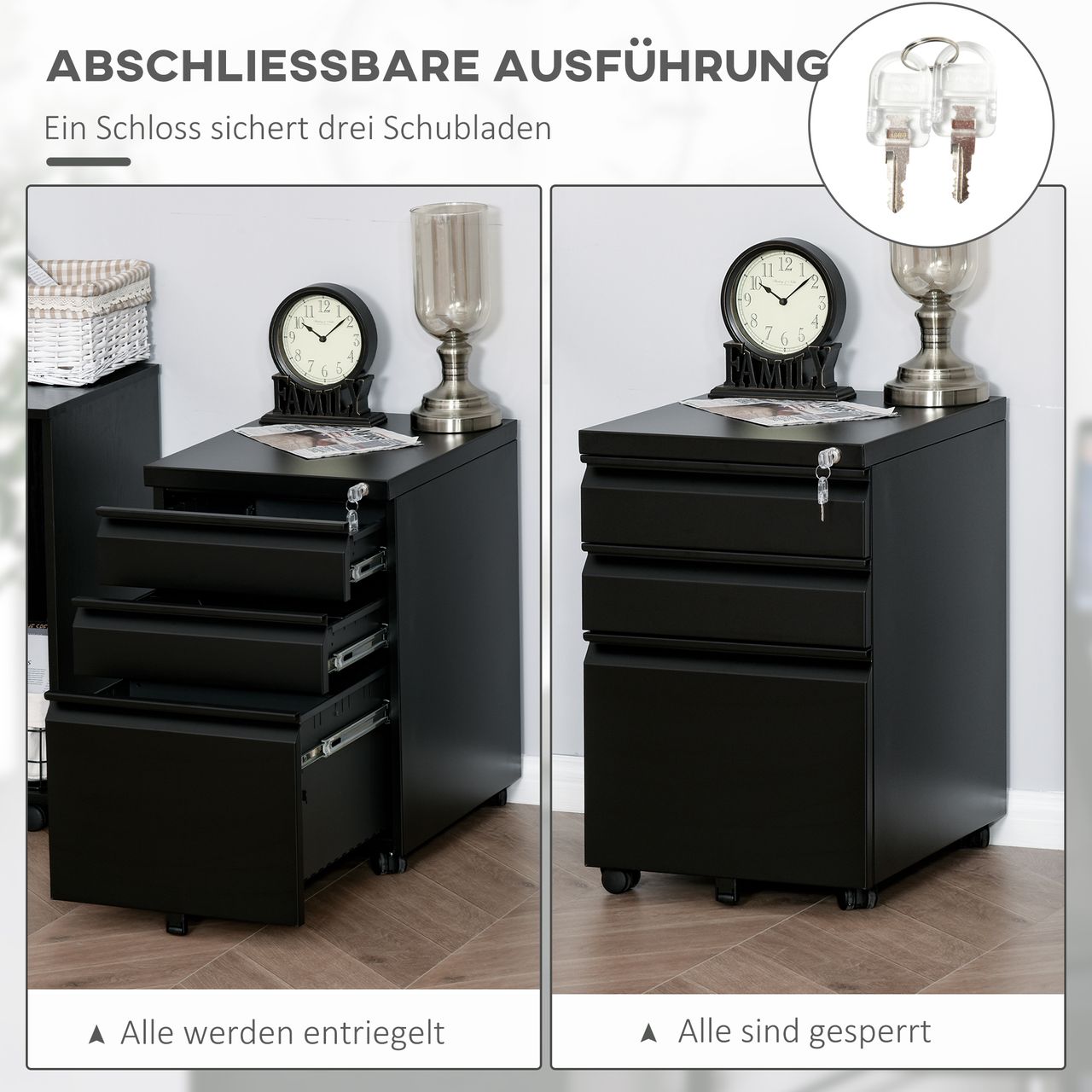 Vinsetto Rollcontainer Aktenschrank Büroschrank mit Schubladen Stahl Schwarz
