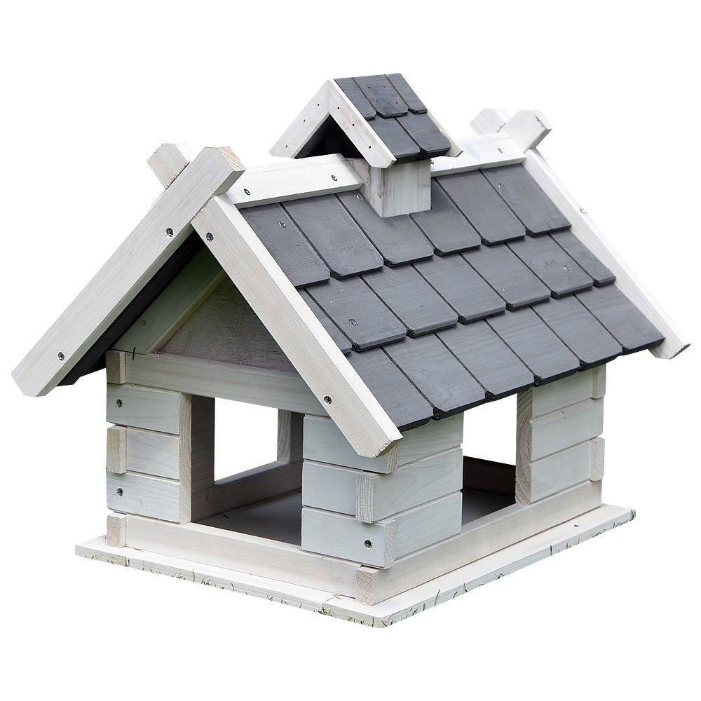 Mucola Vogelhaus Vogelvilla Grau Weiß Holz Vogelfutterhaus Vogelhaus Dach Vogelhäuschen, Eine kleine Erhöhung am Rand sorgt dafür, dass kein Futter herausfällt