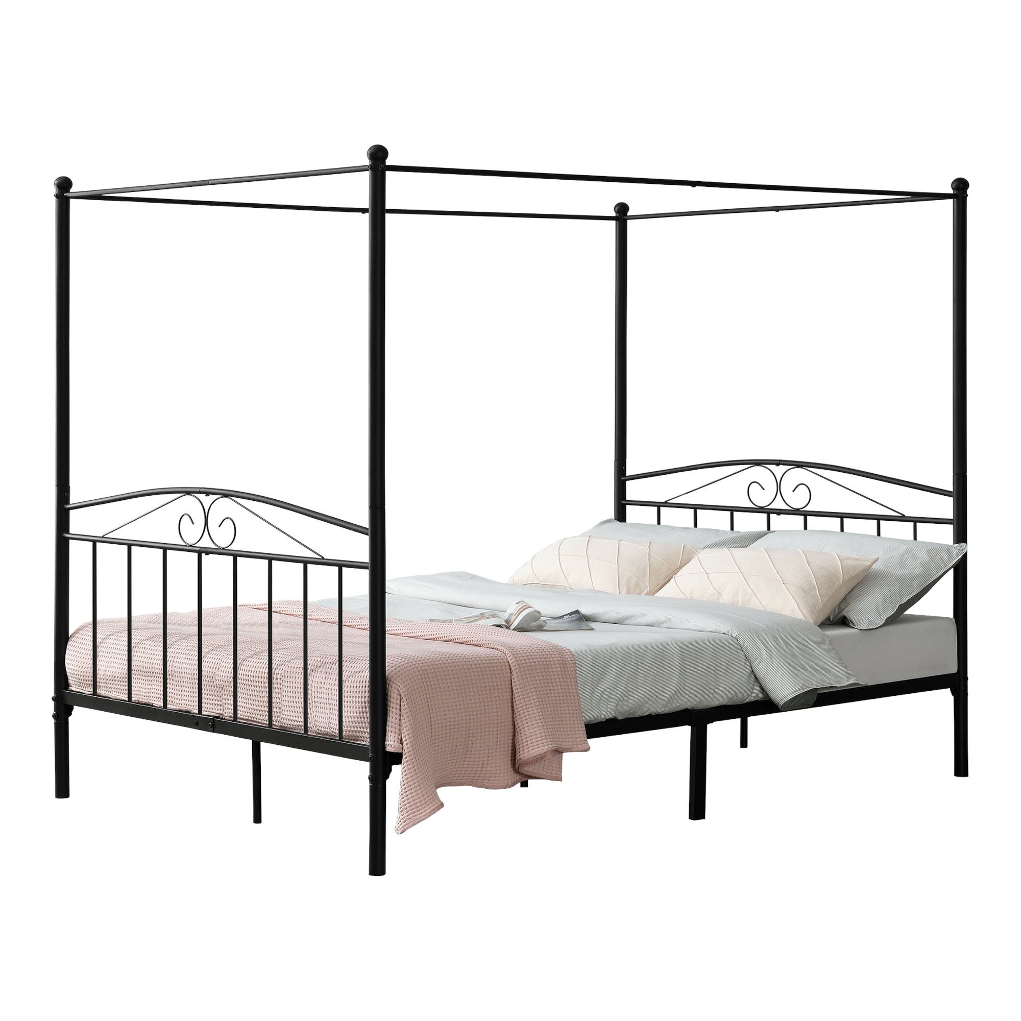 en.casa Himmelbett, Lahti Metallbett Doppelbett Schwarz 180x200cm