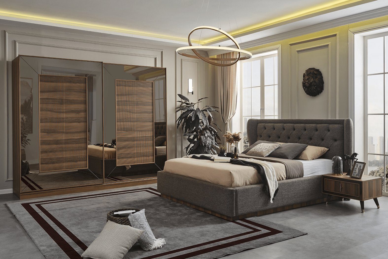 JVmoebel Schlafzimmer-Set Schlafzimmergarnitur Polsterbett 2x Nachttische Kleiderschrank 4tlg, (4-St., Bett, 2x Nachttische, Kleiderschrank), Made in Europa