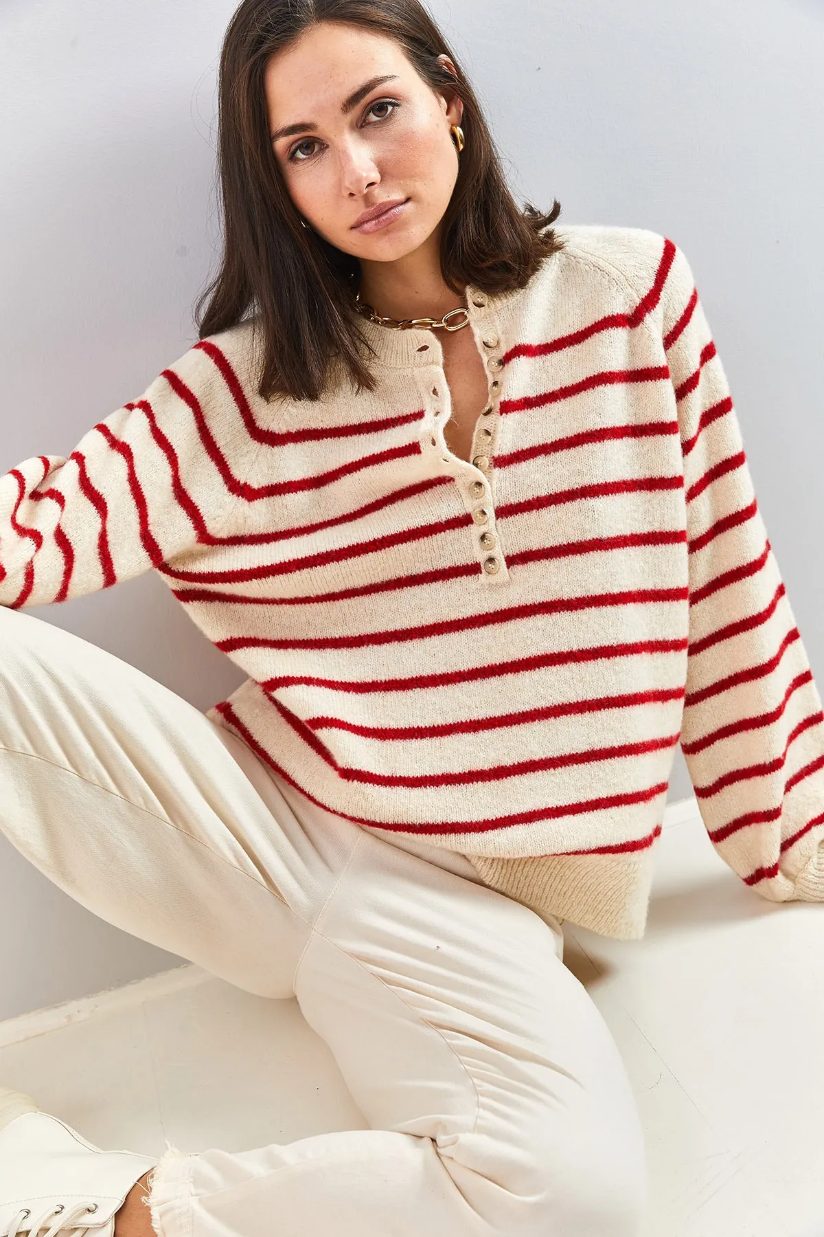 Bianco Lucci  Gestreifter Strickpullover mit Rollkragen und geknöpftem Kragen für Damen