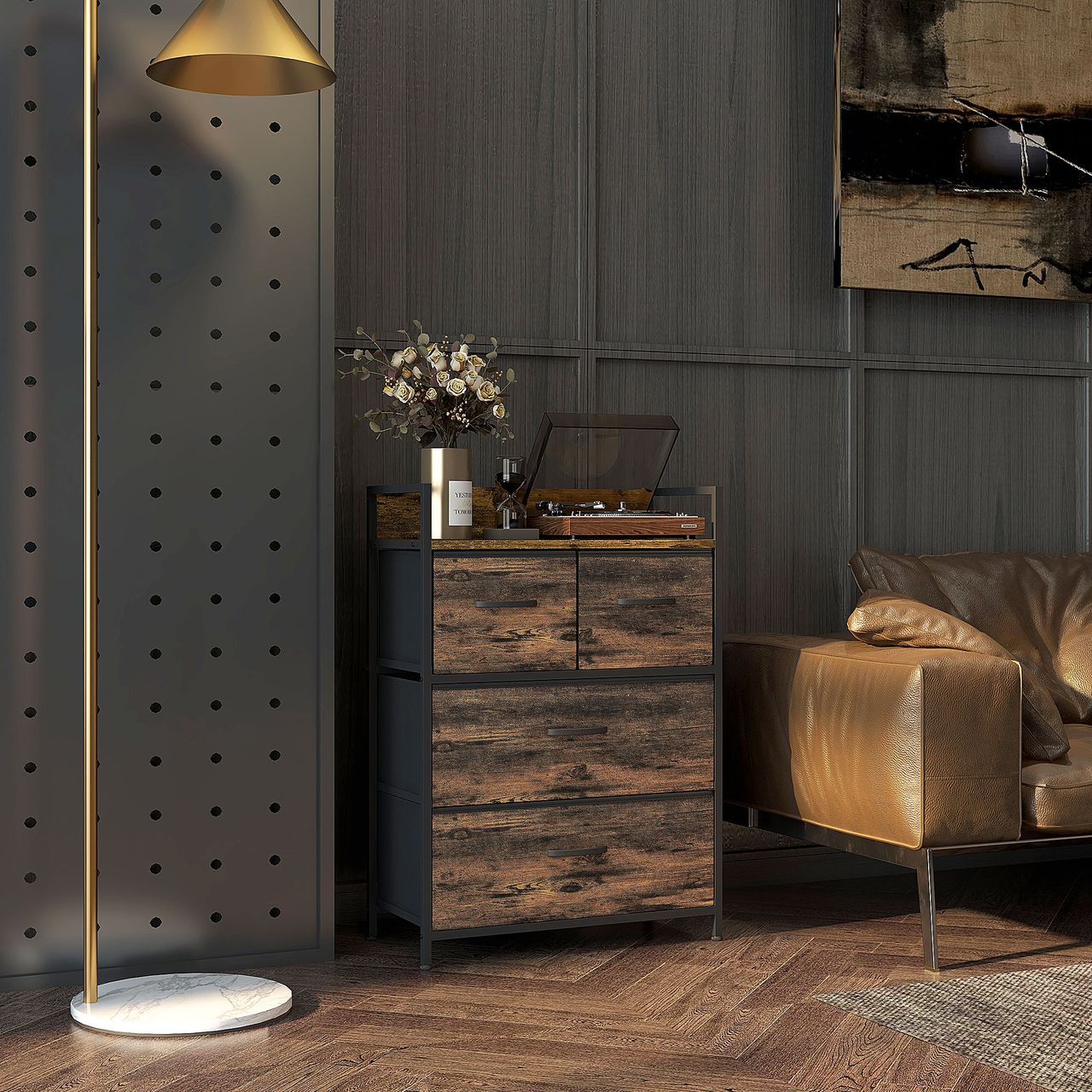 HOMCOM Kommode, Sideboard mit 4 Faltbaren Schubladen aus Stoff, Regal und Griff