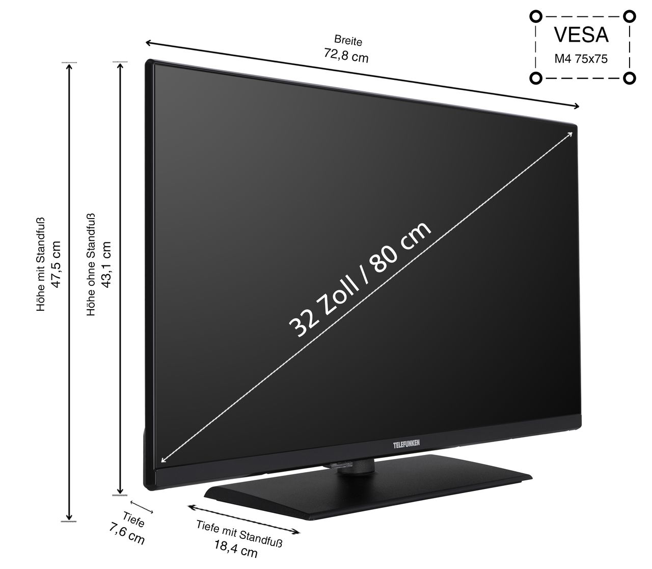 Telefunken TELEFUNKEN XF32N750M Fernseher 32 Zoll Full HD LED TV mit Triple-Tuner, schwarz