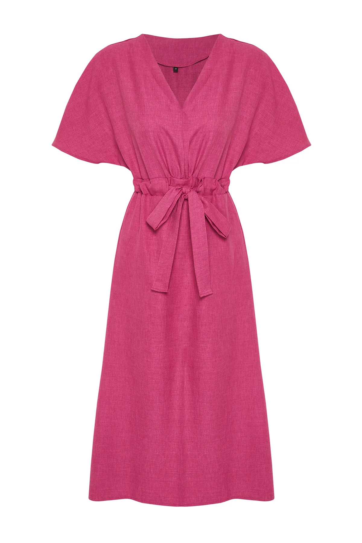 Trendyol Collection  Fuchsiafarbenes A-Linien-Midikleid aus Webstoff mit V-Ausschnitt und Bindedetail TWOSS23EL01543