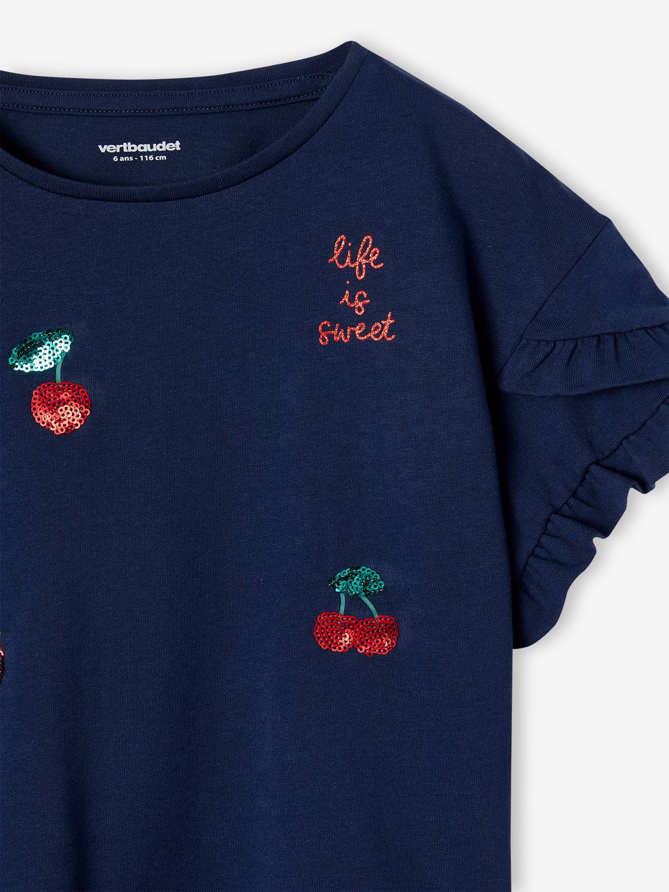 Vertbaudet Mädchen T-Shirt mit Paillettenherz - blau gestreift