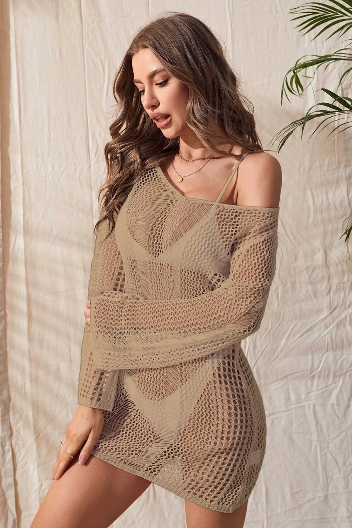 Angelsin  Gestrickter Baumwoll-Langarm-Pareo-Strandkleid-Kimono-Kaftan