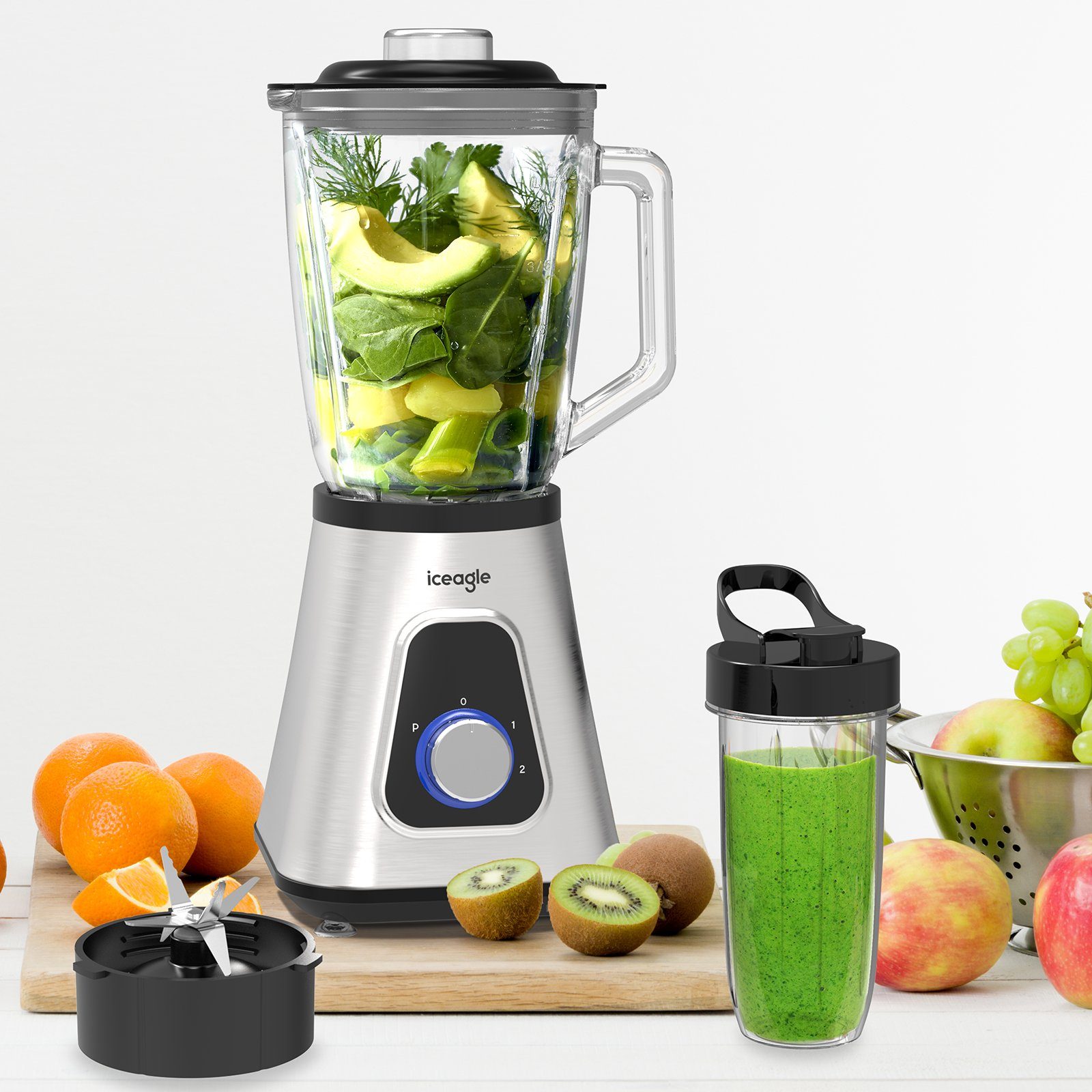 Aoucheni Standmixer Mixer Smoothie Maker für Püree, Ice Crush, Shakes, 1300,00 W, 2 Ebenen, Edelstahl, 1,5L Glasaufsatz, 0,6L Tragbare Tasse, 6-Kling