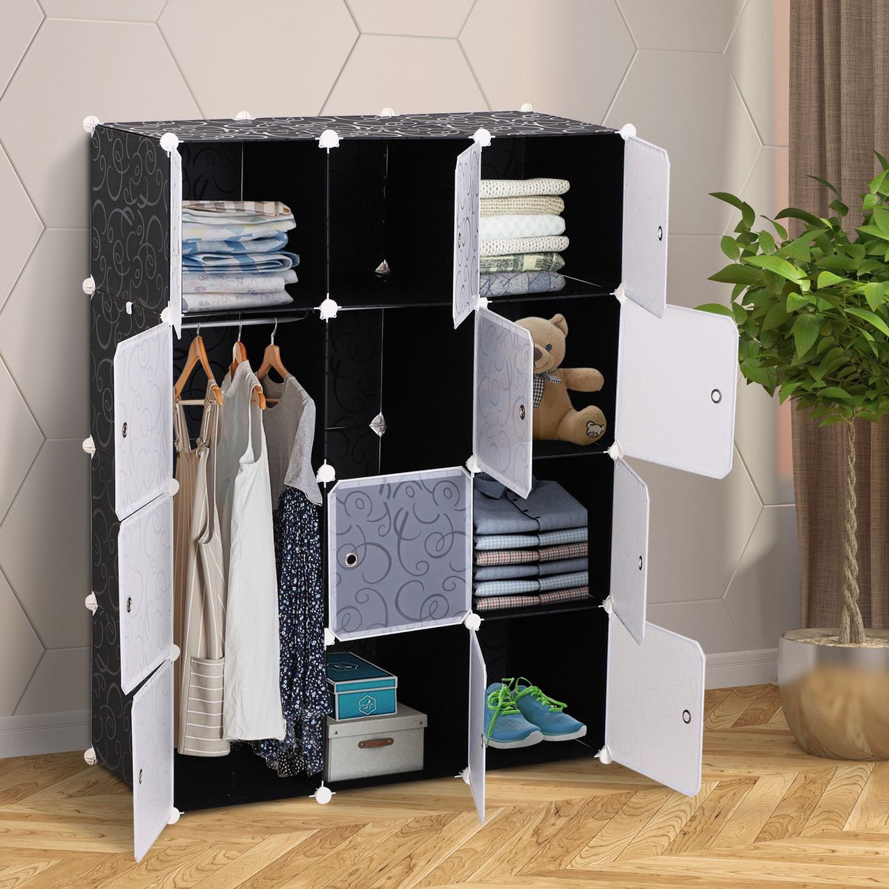 HOMCOM Kleiderschrank DIY Garderobe Regalsystem Steckregal Würfel Garderobenschrank mit Kleiderstange 2   6 Fächer aus PP Schwarz   Weiß 111 x 47 x 145 cm