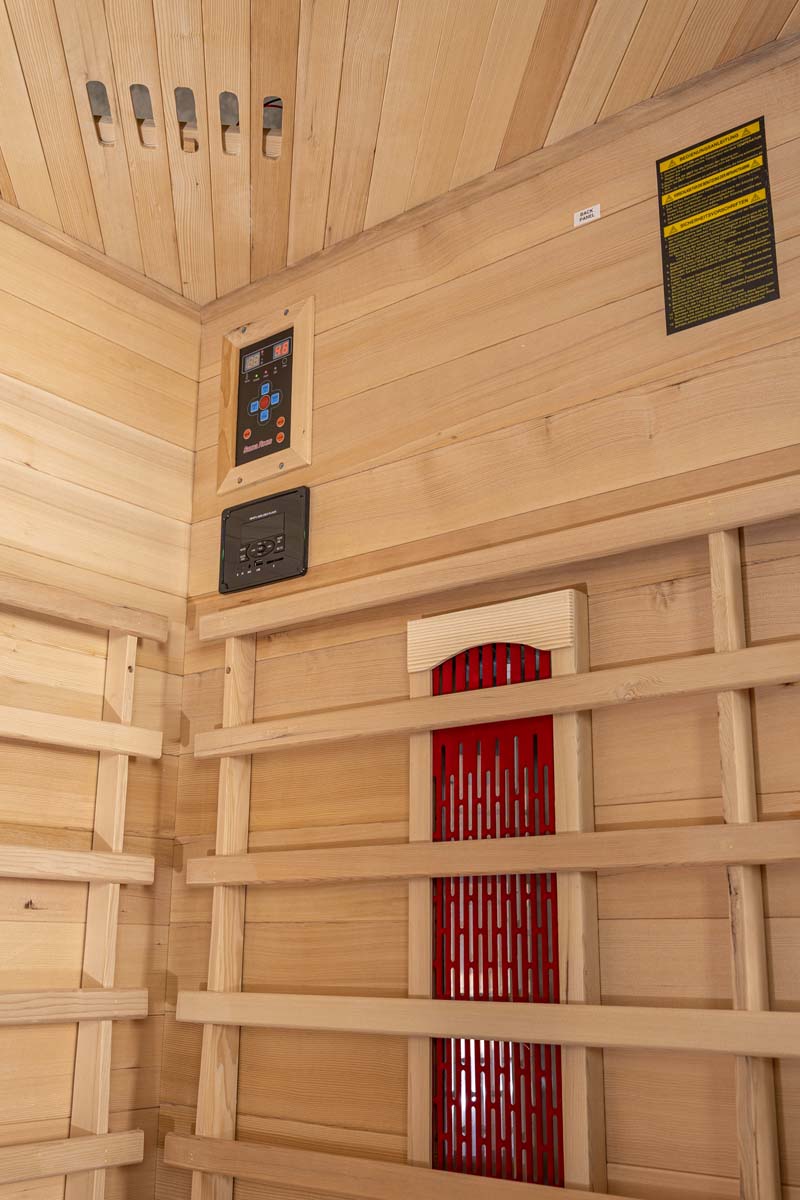 PureHaven Infrarotkabine 120x120x190 cm aus kanadischem Hemlock-Holz Bluetooth-Soundsystem Timer Lichttherapie in 4 Farben digitale Steuerung