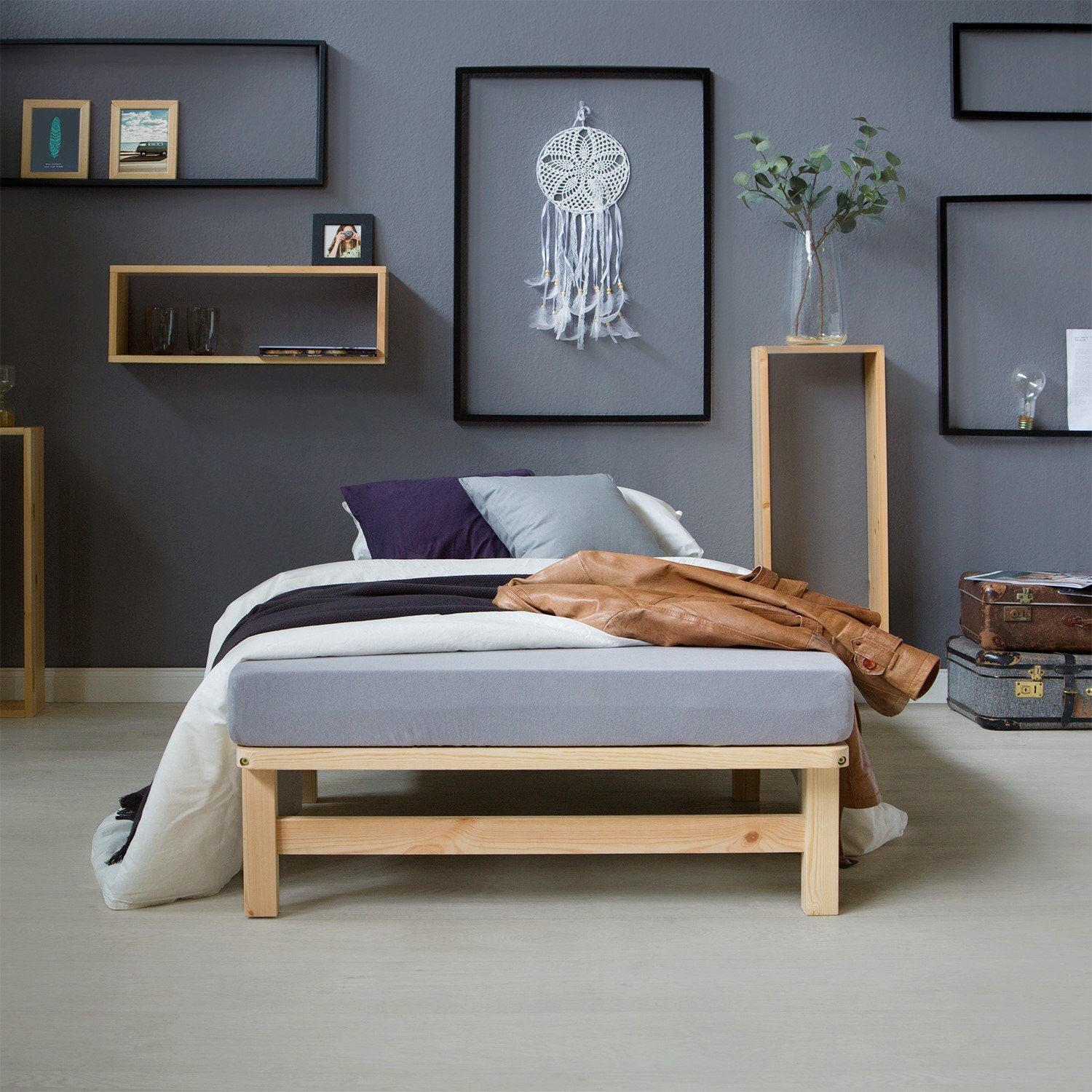 Homestyle4u Holzbett Palettenbett Massivholzbett Futonbett Palettenmöbel Bett Natur Weiß (Kein Set)