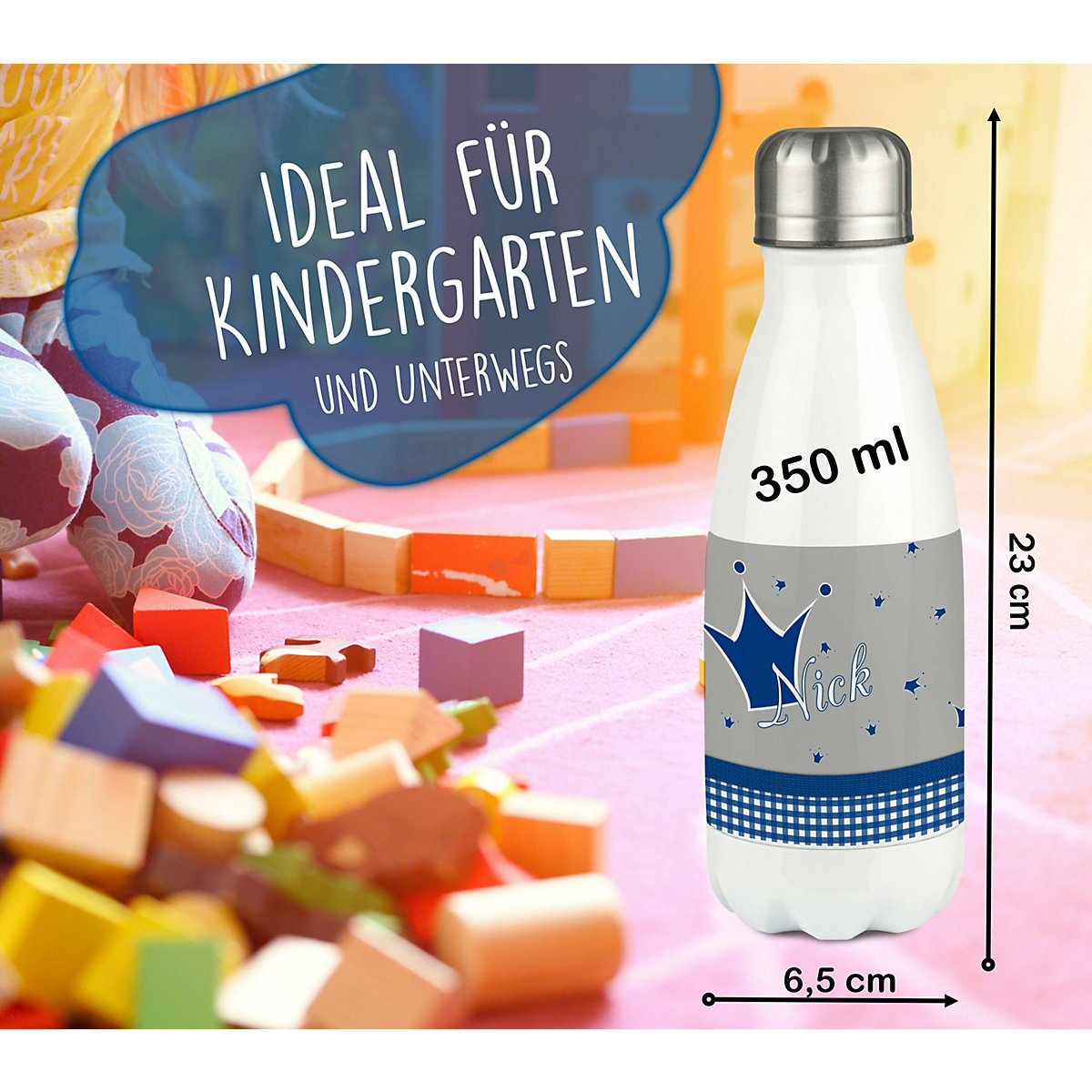 Edelstahl Kinder Thermoflasche / Trinkflasche bunt Krone Farbe blau grau Spülmaschinenfest, Auslaufsicher, Bruchfest, Doppelwandig, Für Heißgetränke geeignet, Mit Deckel, Isoliert
