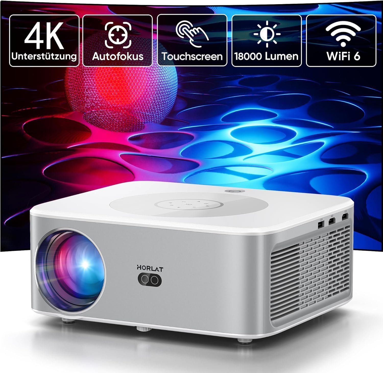 HORLAT Portabler Projektor (18000 lm, 1920 x 1080 px, Full HD 1080P Bluetooth 4K Unterstützt mit Touchscreen 18000 Lumen)