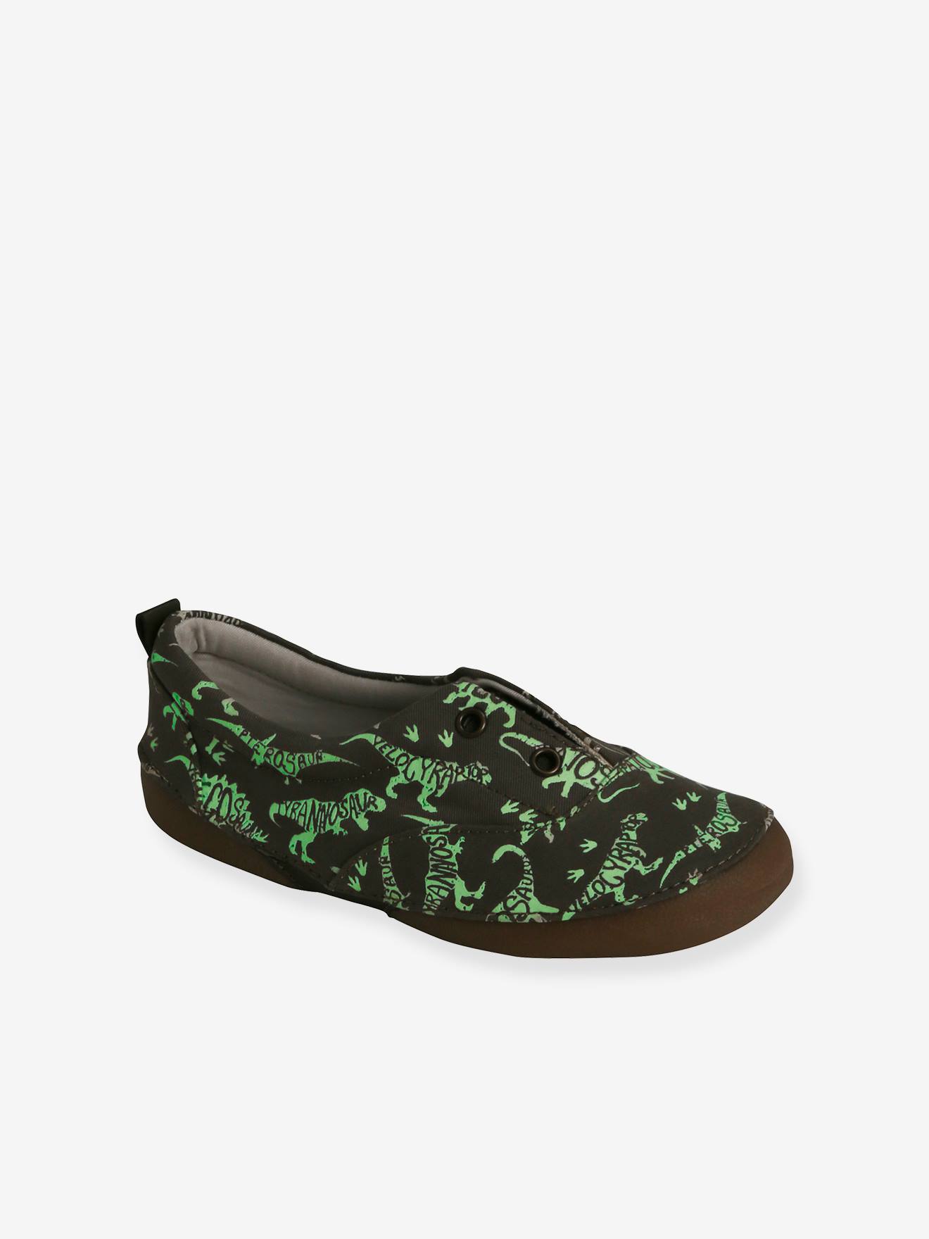 Chaussons élastiqués garçon en toile imprimé phosphorescent kaki dinosaure